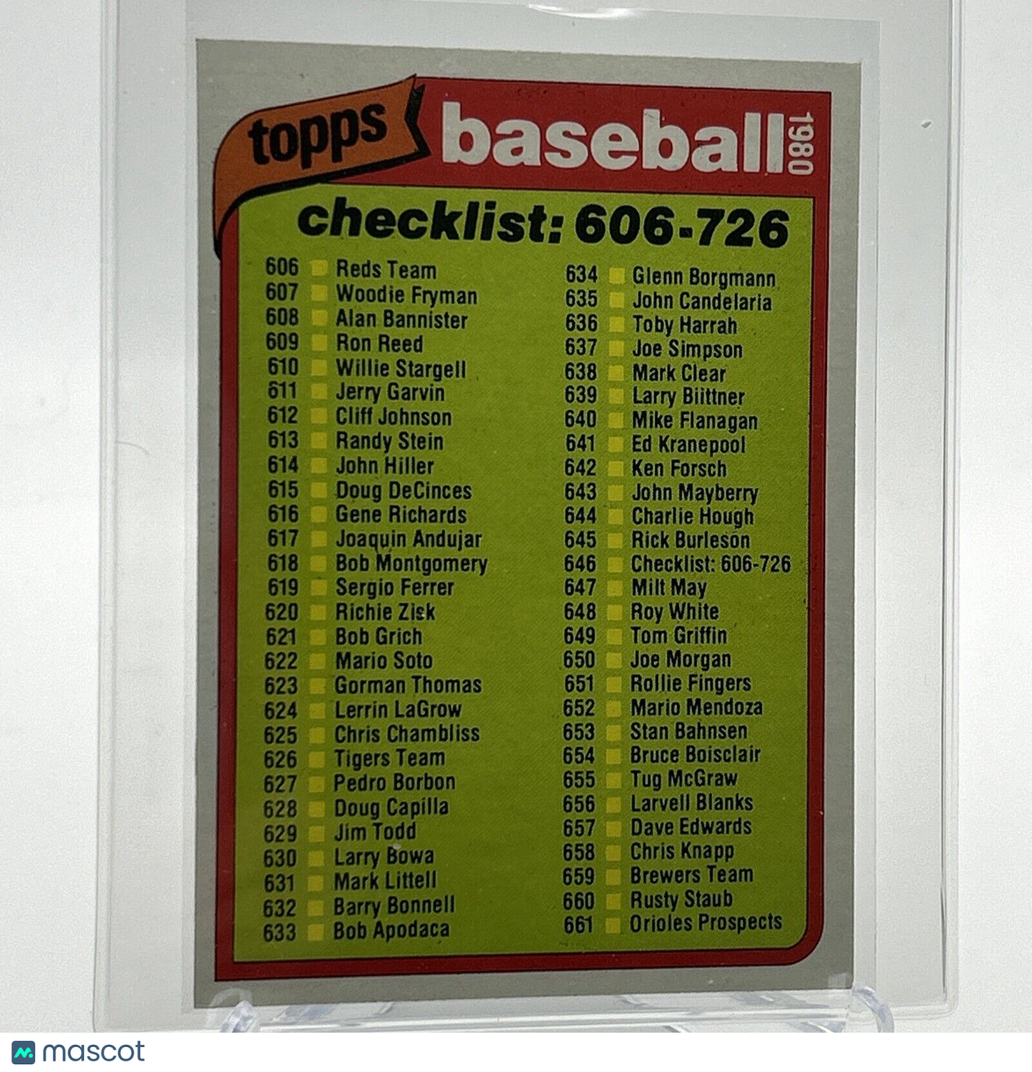 1980 Topps Checklist: 606-726 Baseball Card #646 NM-Mint FREE SHIPPING