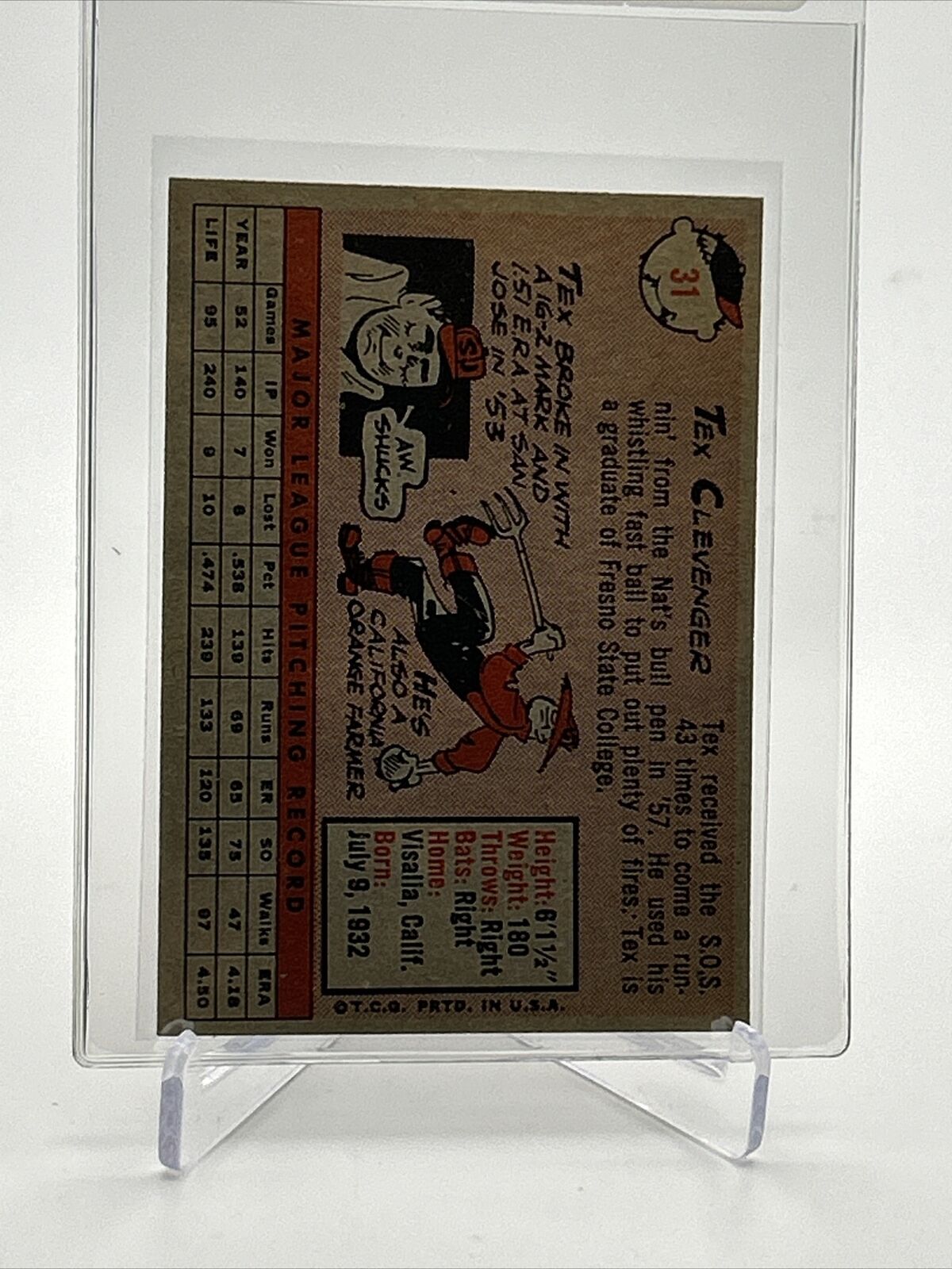 1958 Topps Tex Clevenger Rookie Baseball Card #31 EX-MT Quality FREE SHIPPING