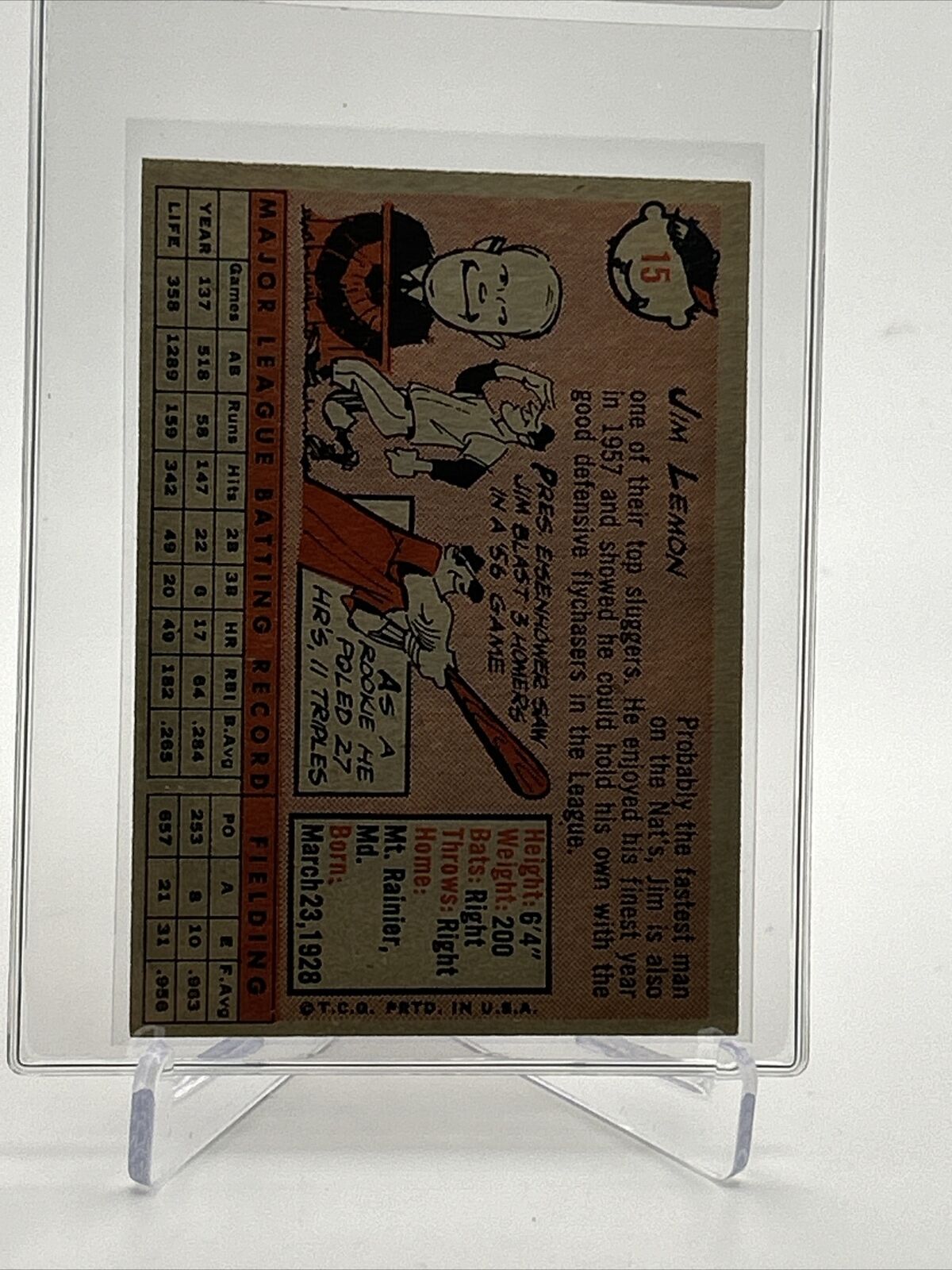 1958 Topps Jim Lemon Baseball Card #15 EX-MT Quality FREE SHIPPING