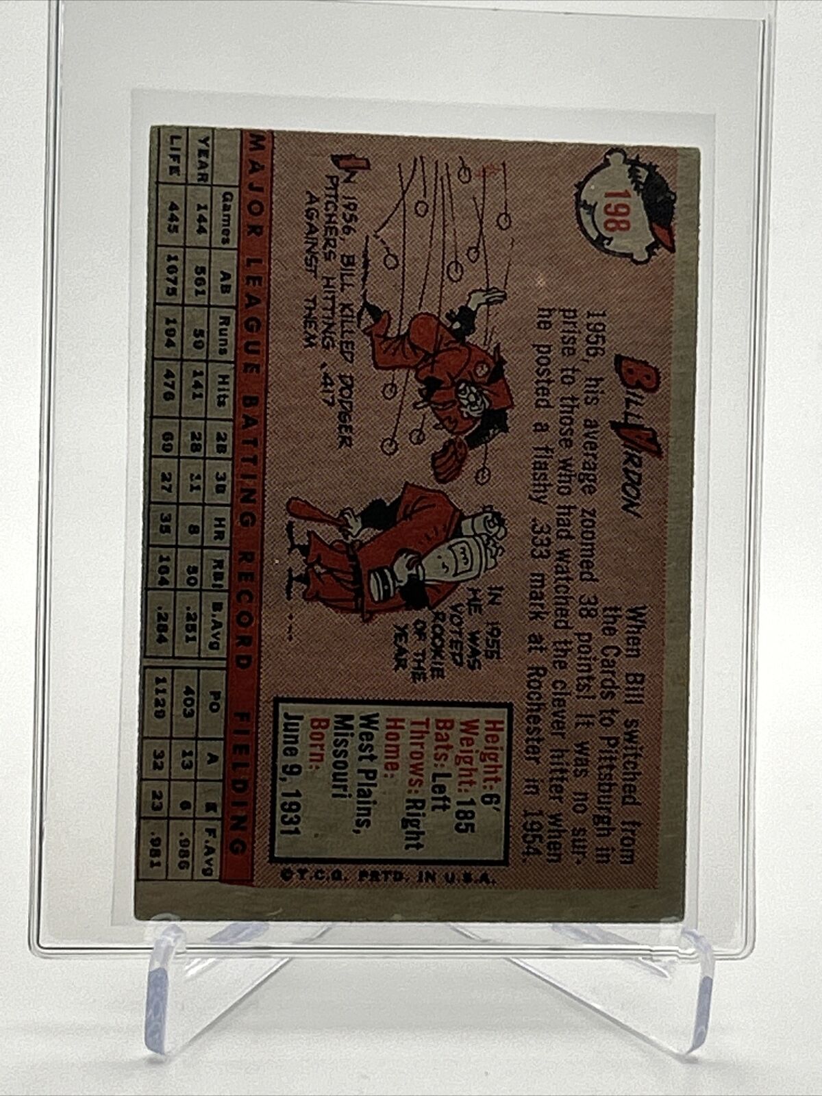 1958 Topps Bill Virdon Baseball Card #198 EX Quality FREE SHIPPING