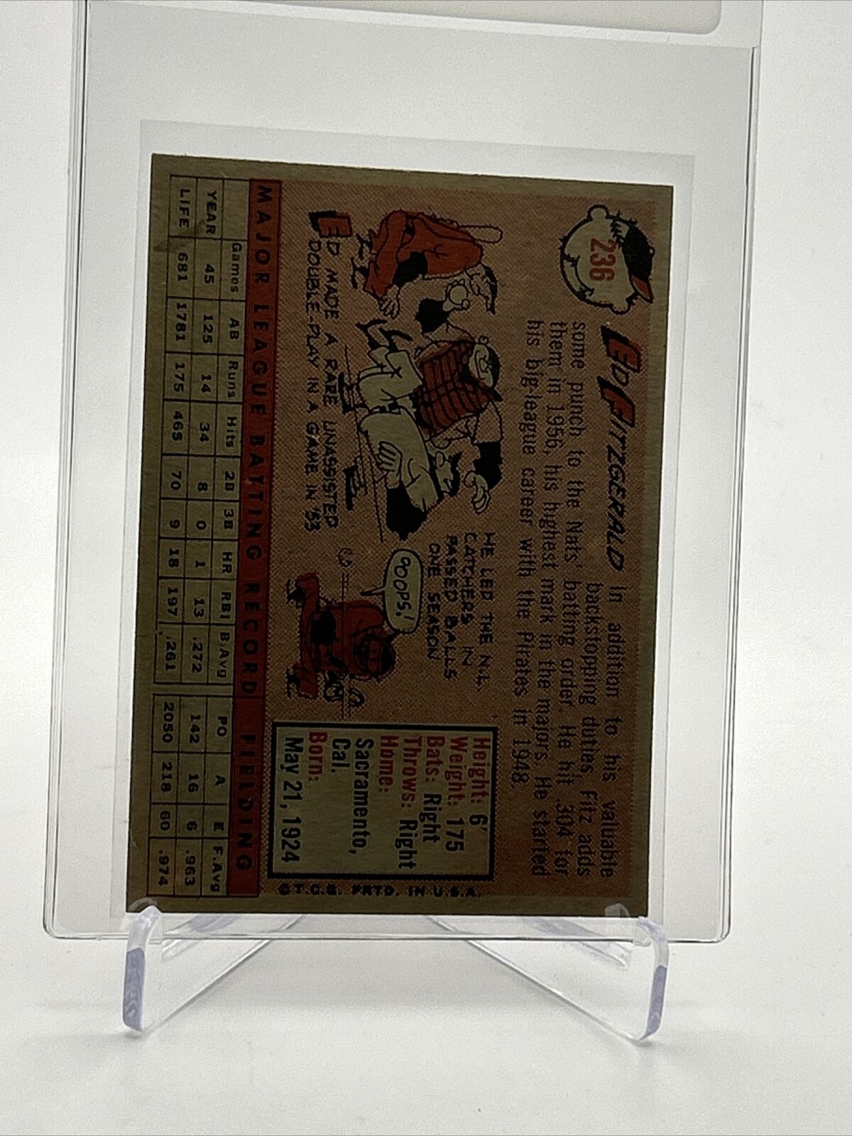1958 Topps Ed Fitz Gerald Baseball Card #236 EX Quality FREE SHIPPING