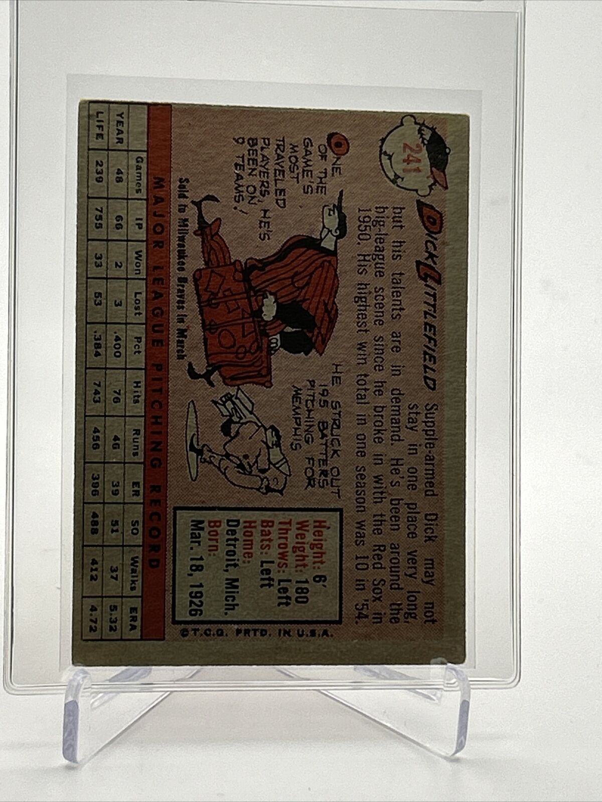 1958 Topps Dick Littlefield Baseball Card #241 EX Quality FREE SHIPPING