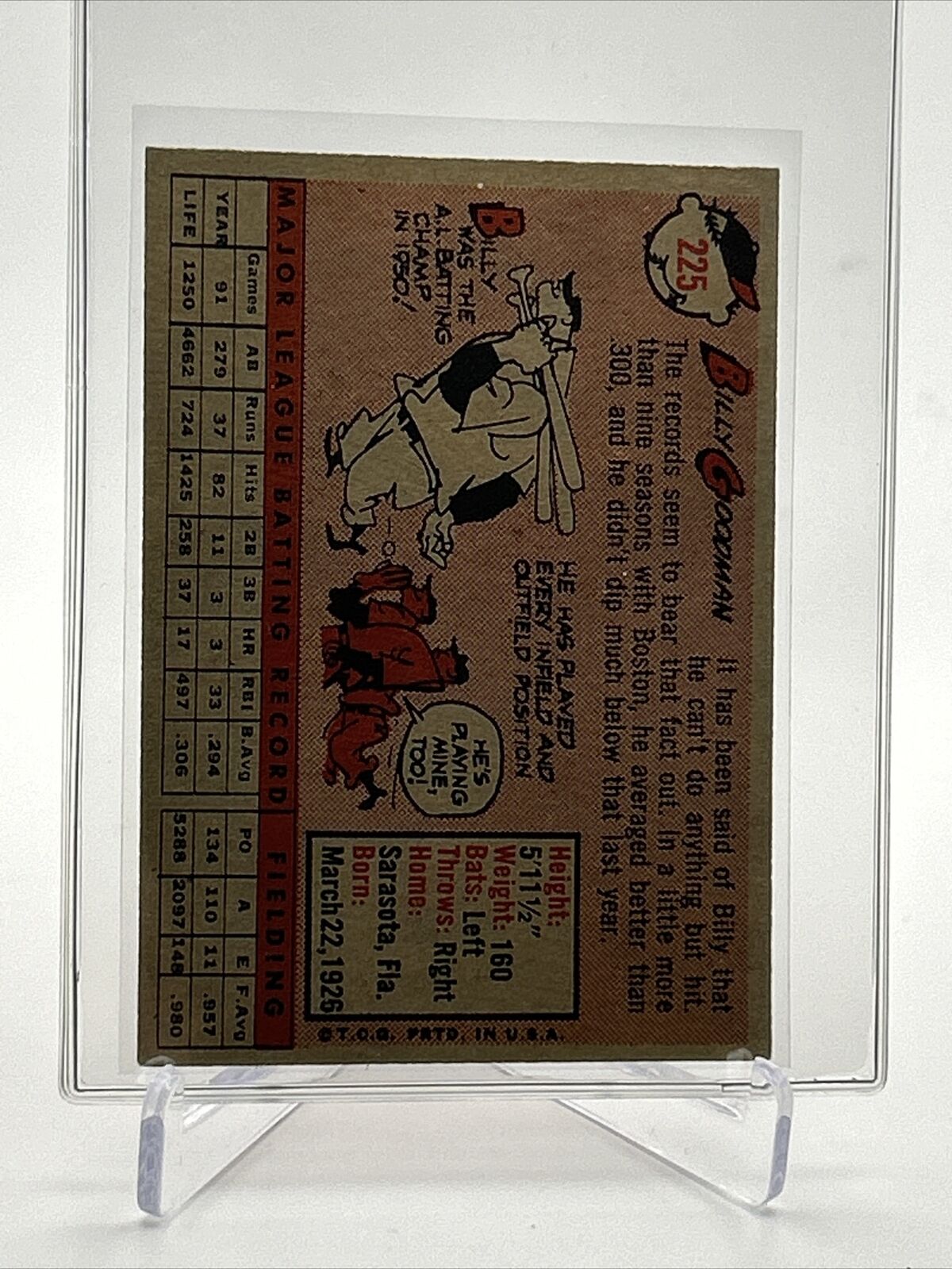 1958 Topps Billy Goodman Baseball Card #225 EX Quality FREE SHIPPING