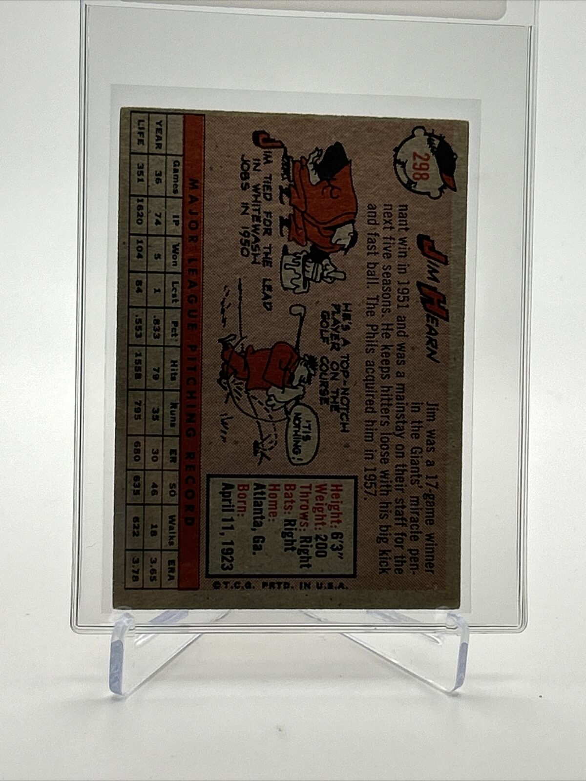 1958 Topps Jim Hearn Baseball Card #298 EX Quality FREE SHIPPING