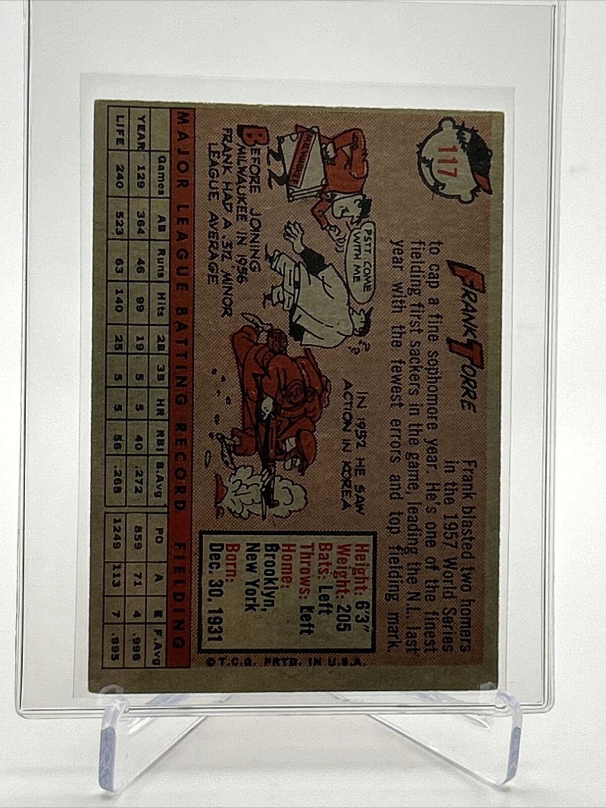 1958 Topps Frank Torre Baseball Card #117 EX Quality FREE SHIPPING