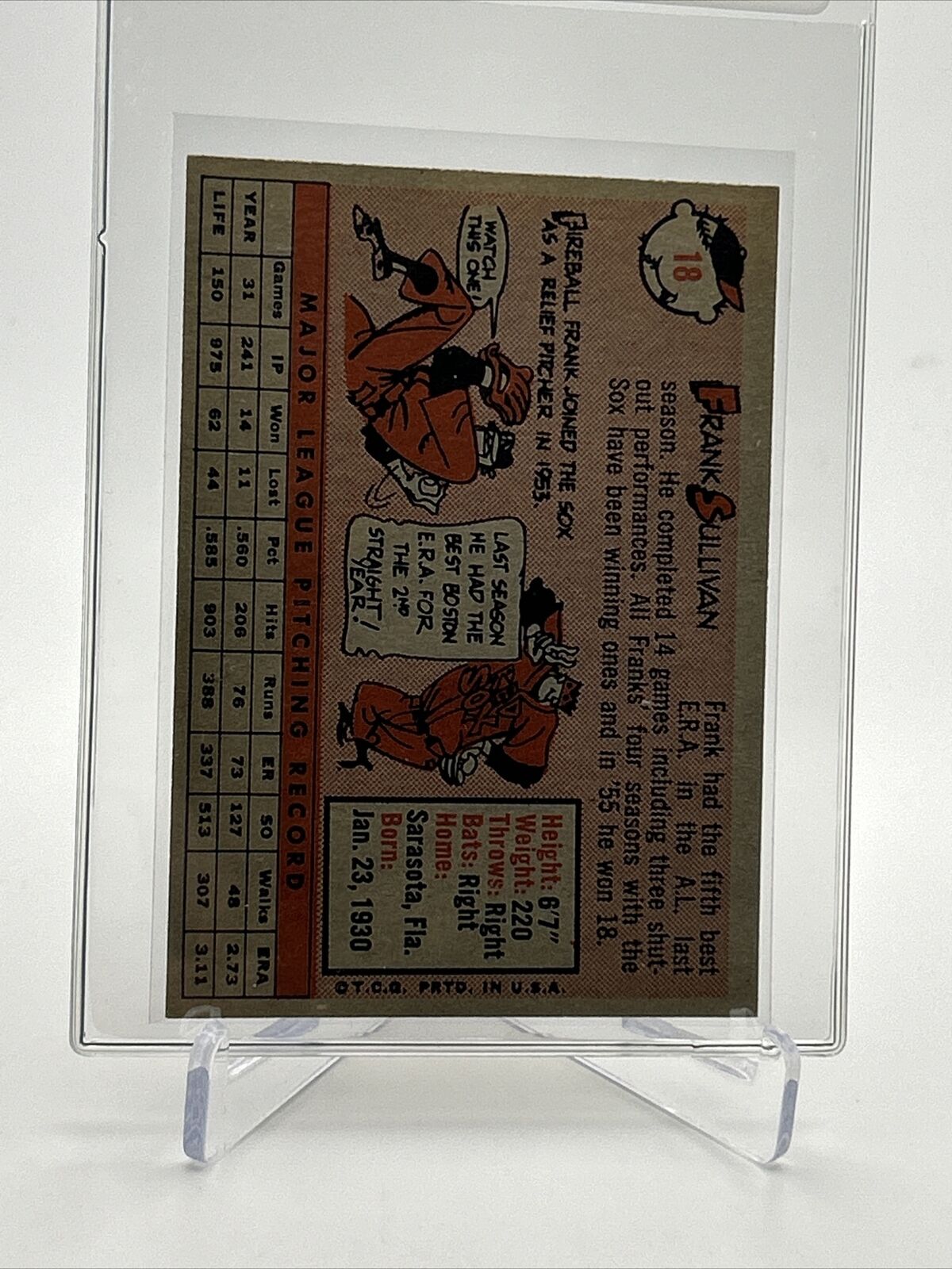 1958 Topps Frank Sullivan Baseball Card #18 EX Quality FREE SHIPPING