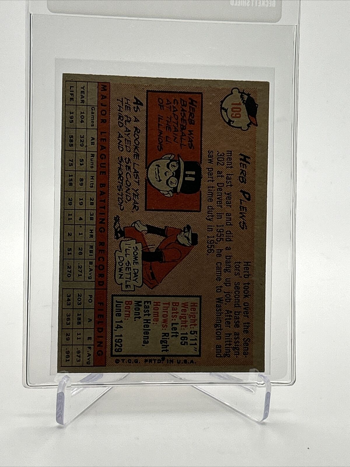 1958 Topps Herb Plews Baseball Card #109 EX Quality FREE SHIPPING