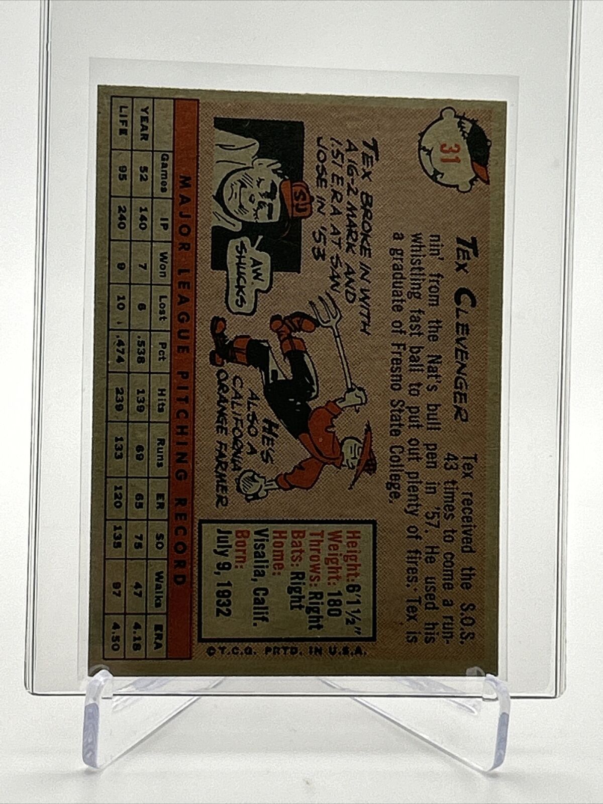 1958 Topps Tex Clevenger Rookie Baseball Card #31 EX Quality FREE SHIPPING