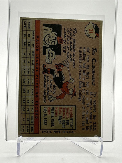1958 Topps Tex Clevenger Rookie Baseball Card #31 EX Quality FREE SHIPPING
