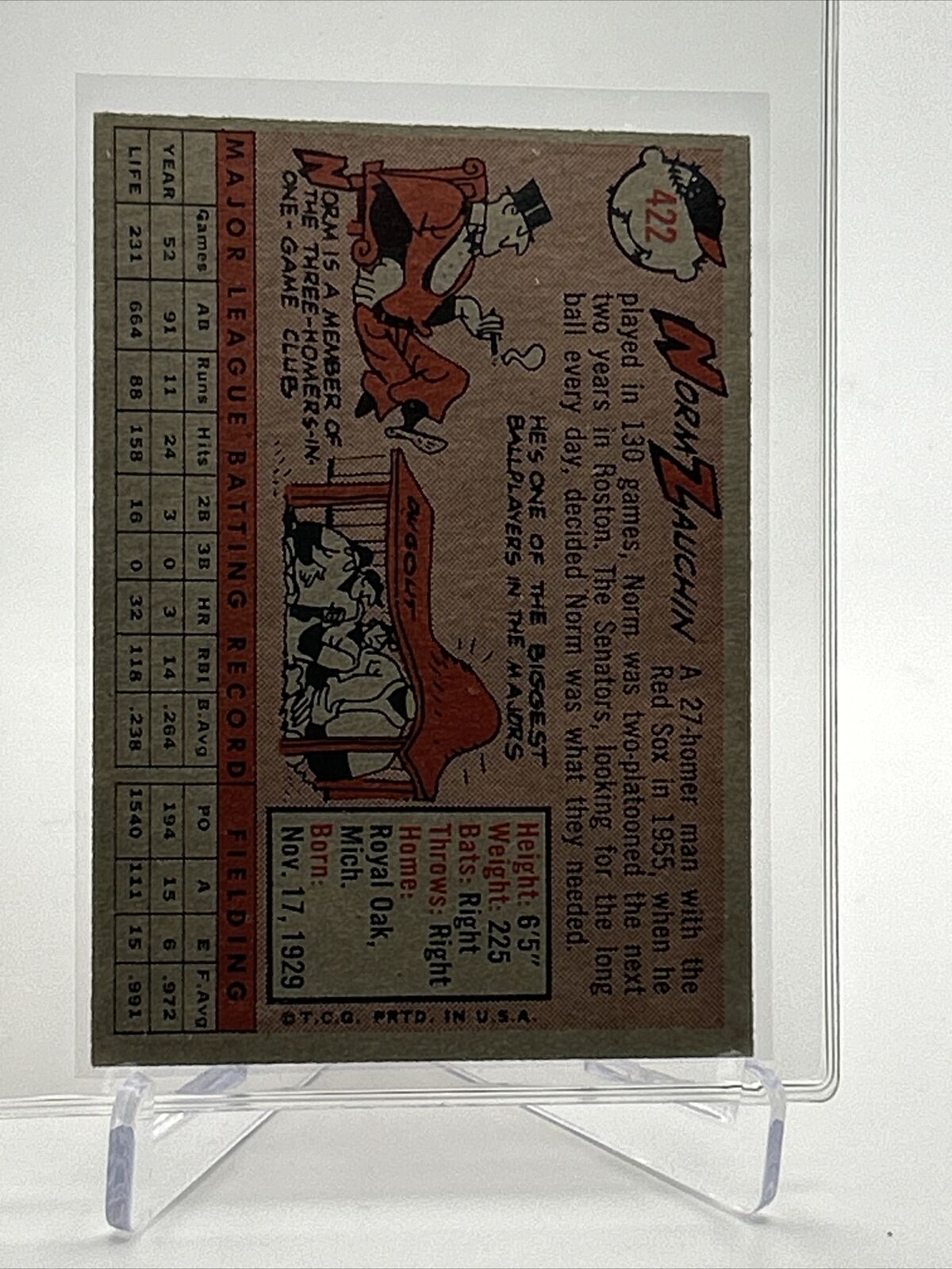 1958 Topps Norm Zauchin Baseball Card #422 EX Quality FREE SHIPPING