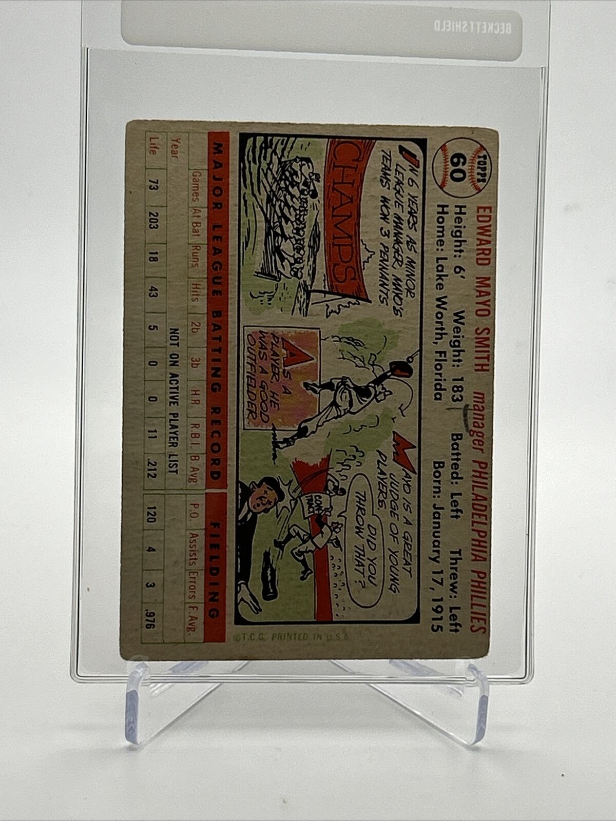 1956 Topps Mayo Smith Baseball Card #60 VG Quality FREE SHIPPING