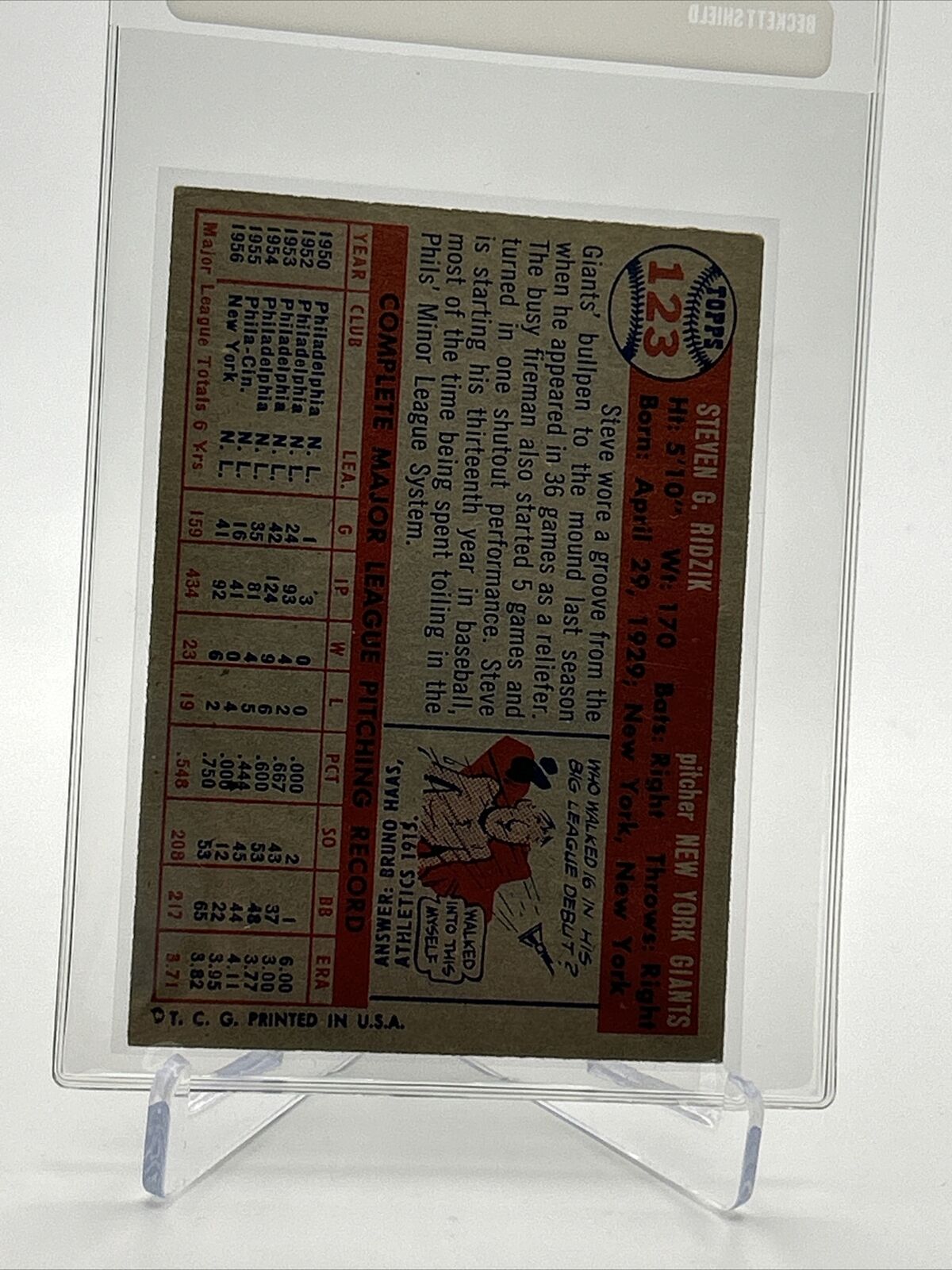 1957 Topps Steve Ridzik Baseball Card #123 EX Quality FREE SHIPPING