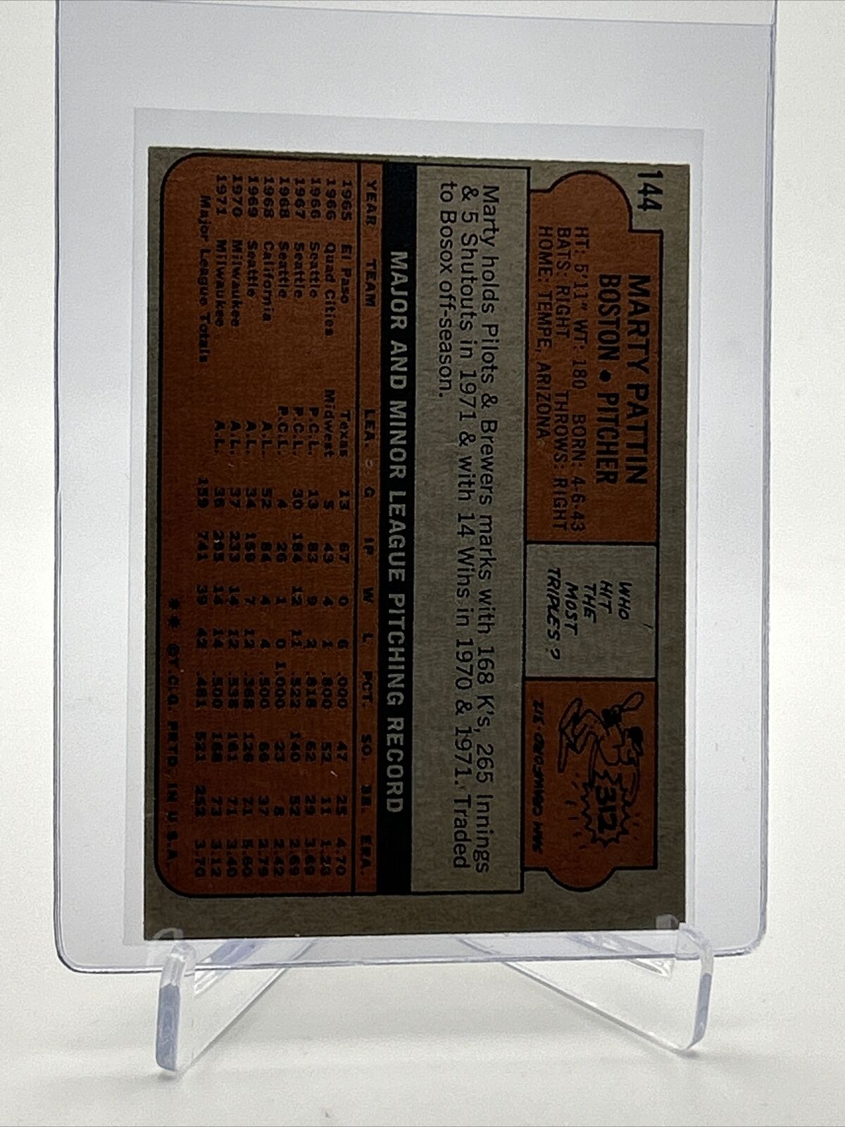 1972 Topps Marty Pattin Baseball Card #144 EX Quality FREE SHIPPING