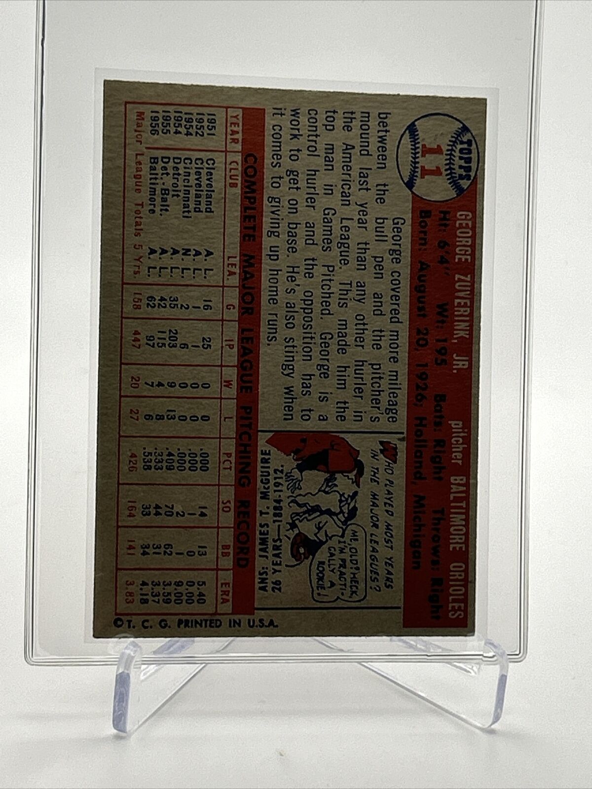 1957 Topps George Zuverink Baseball Card #11 EX Quality FREE SHIPPING