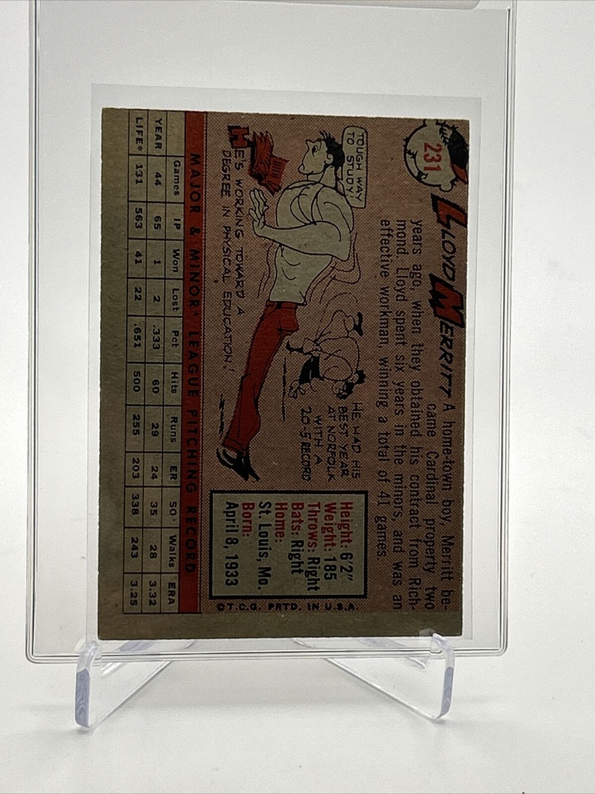 1958 Topps Lloyd Merritt Rookie Baseball Card #231 EX Quality FREE SHIPPING