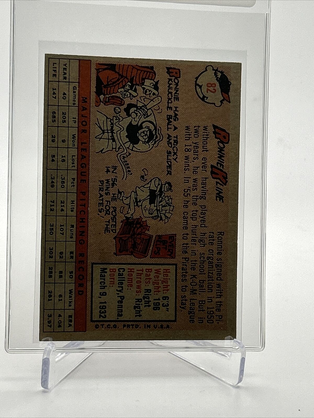 1958 Topps Ronnie Kline Baseball Card #82 EX Quality FREE SHIPPING