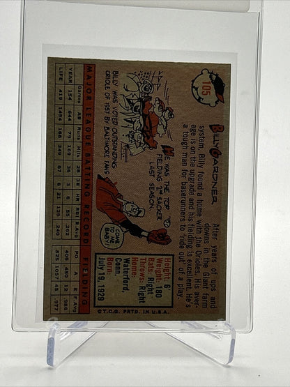 1958 Topps Billy Gardner Baseball Card #105 EX Quality FREE SHIPPING