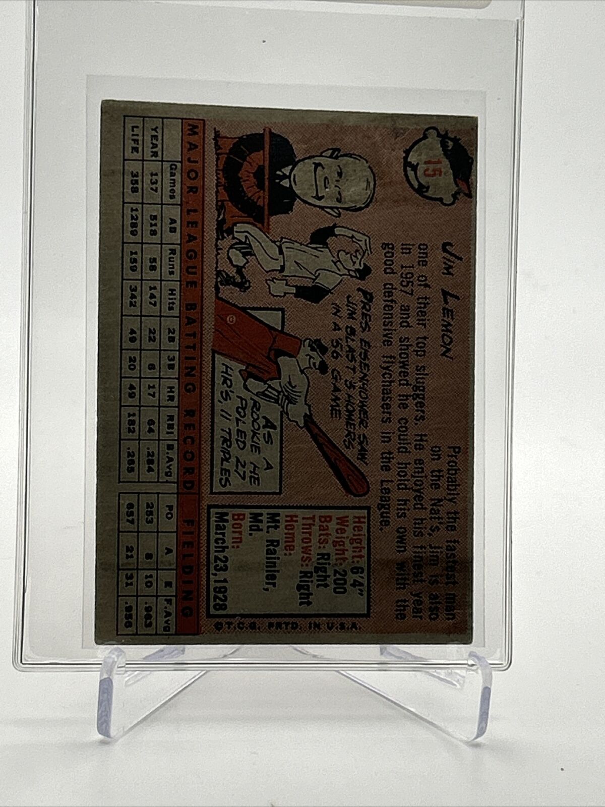 1958 Topps Jim Lemon Baseball Card #15 EX Quality FREE SHIPPING