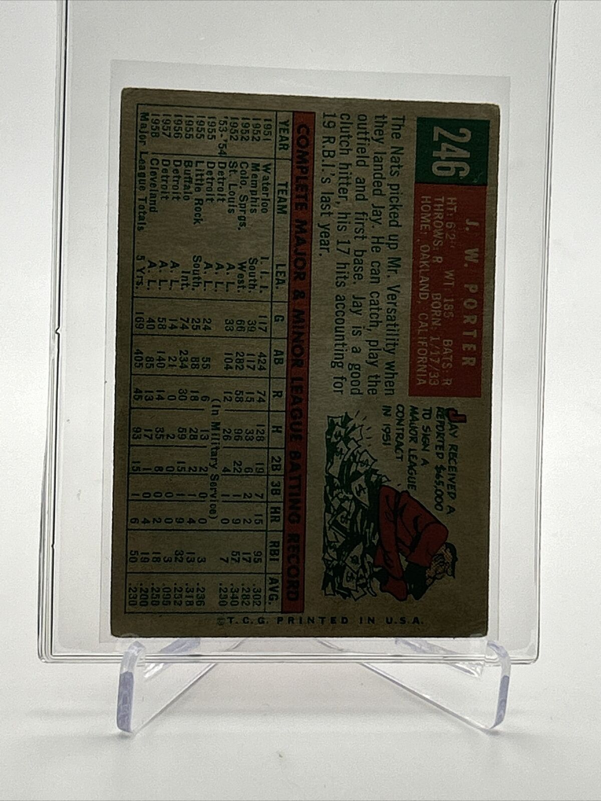 1959 Topps J.W. Porter Gray Back Baseball Card #246 VG Quality FREE SHIPPING