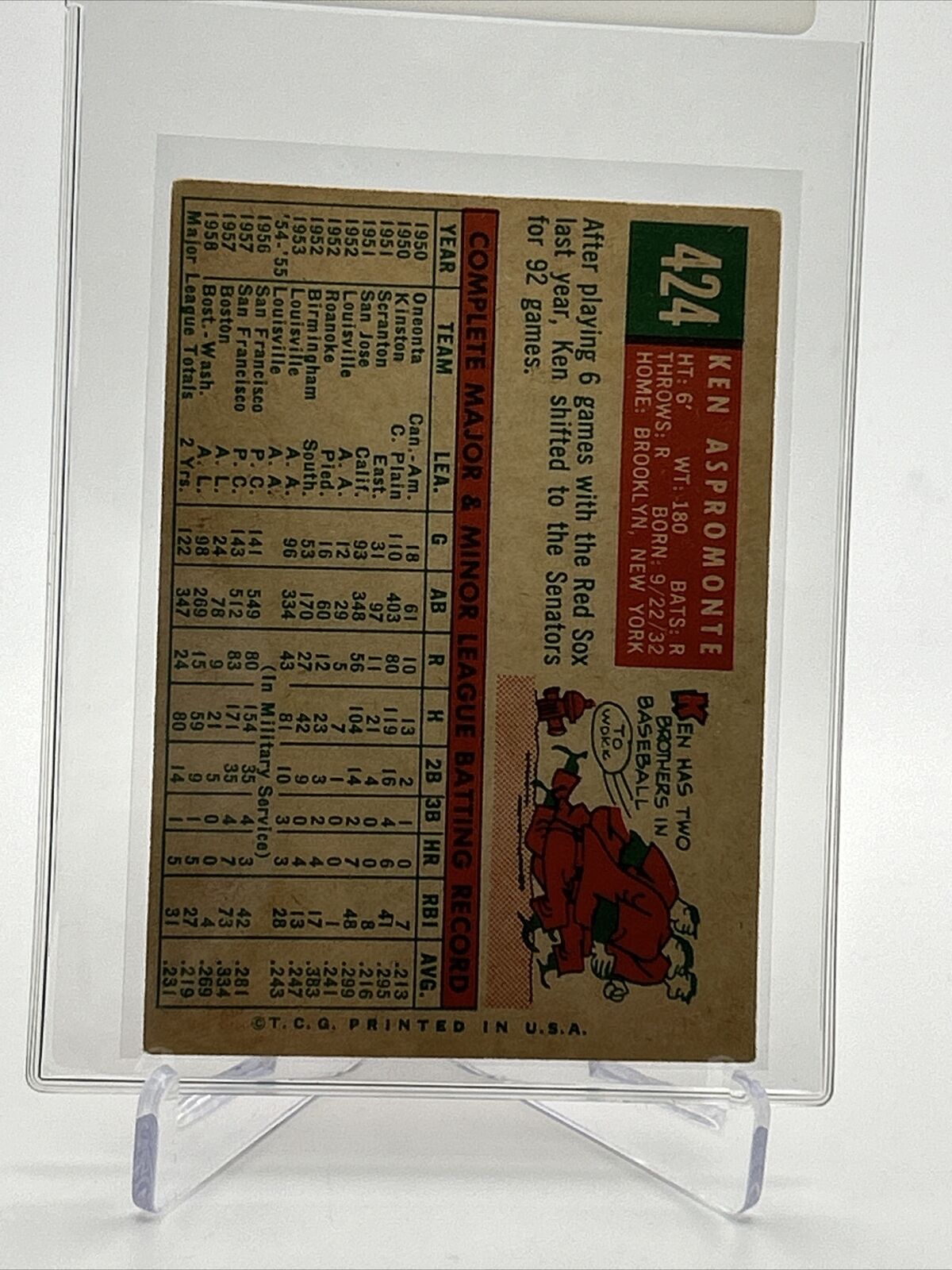 1959 Topps Ken Aspromonte Baseball Card #424 Poor Quality FREE SHIPPING