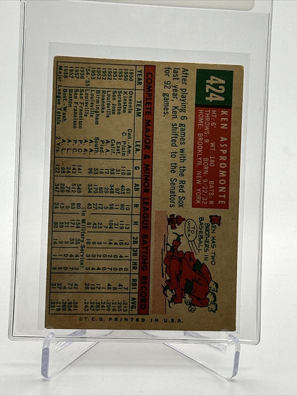 1959 Topps Ken Aspromonte Baseball Card #424 Poor Quality FREE SHIPPING
