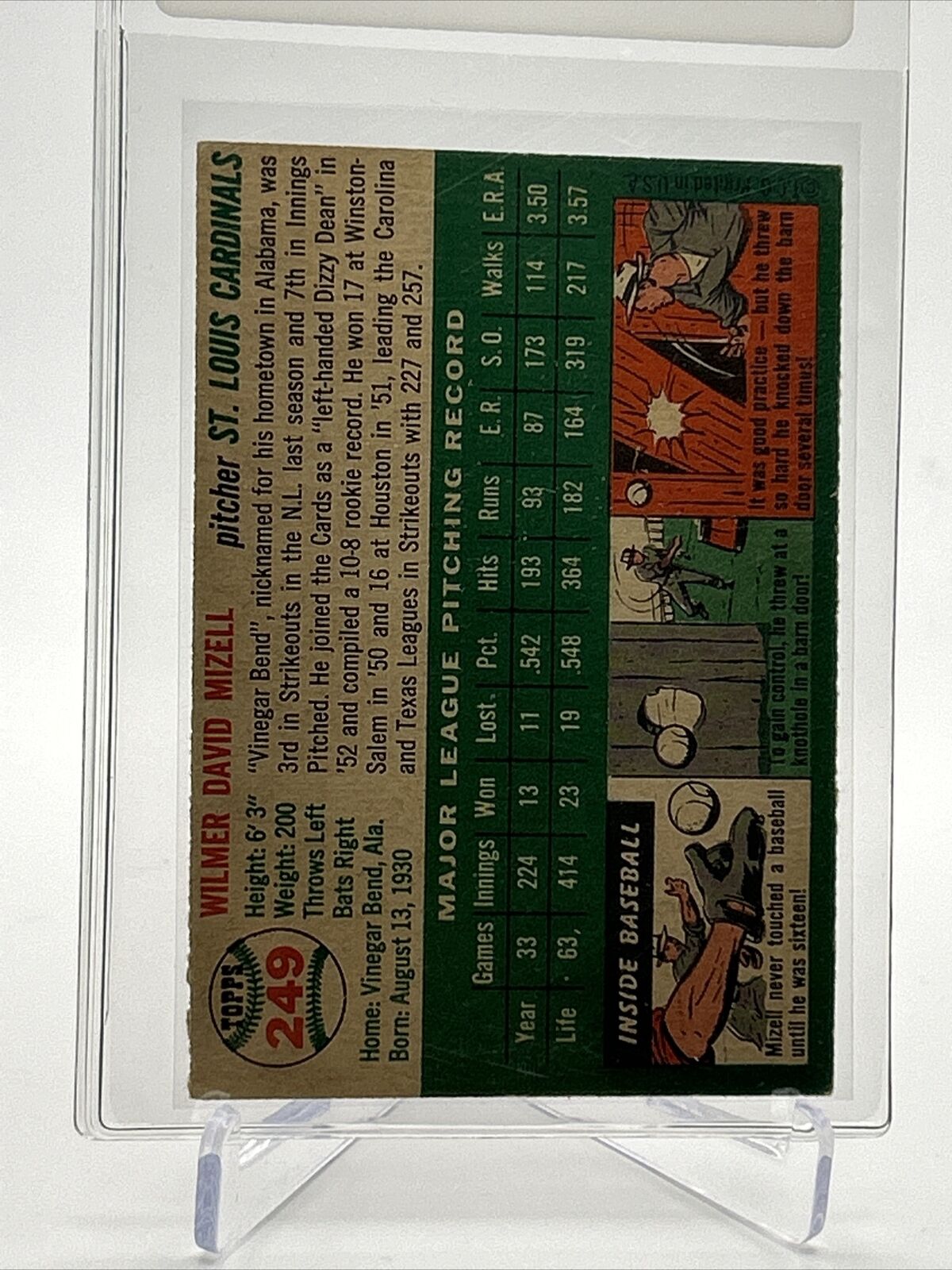 1954 Topps Wilmer Mizell Baseball Card #249 VG-EX Quality FREE SHIPPING