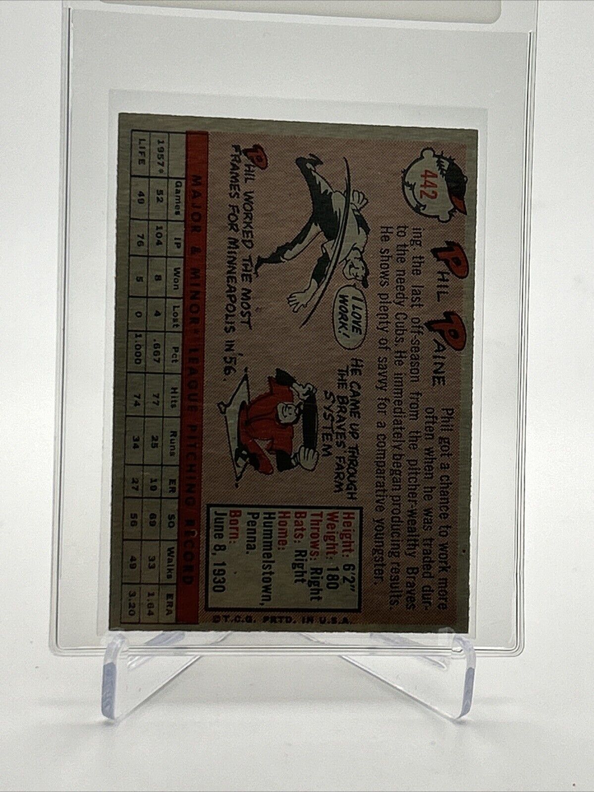1958 Topps Phil Paine Rookie Baseball Card #442 EX-MT Quality FREE SHIPPING