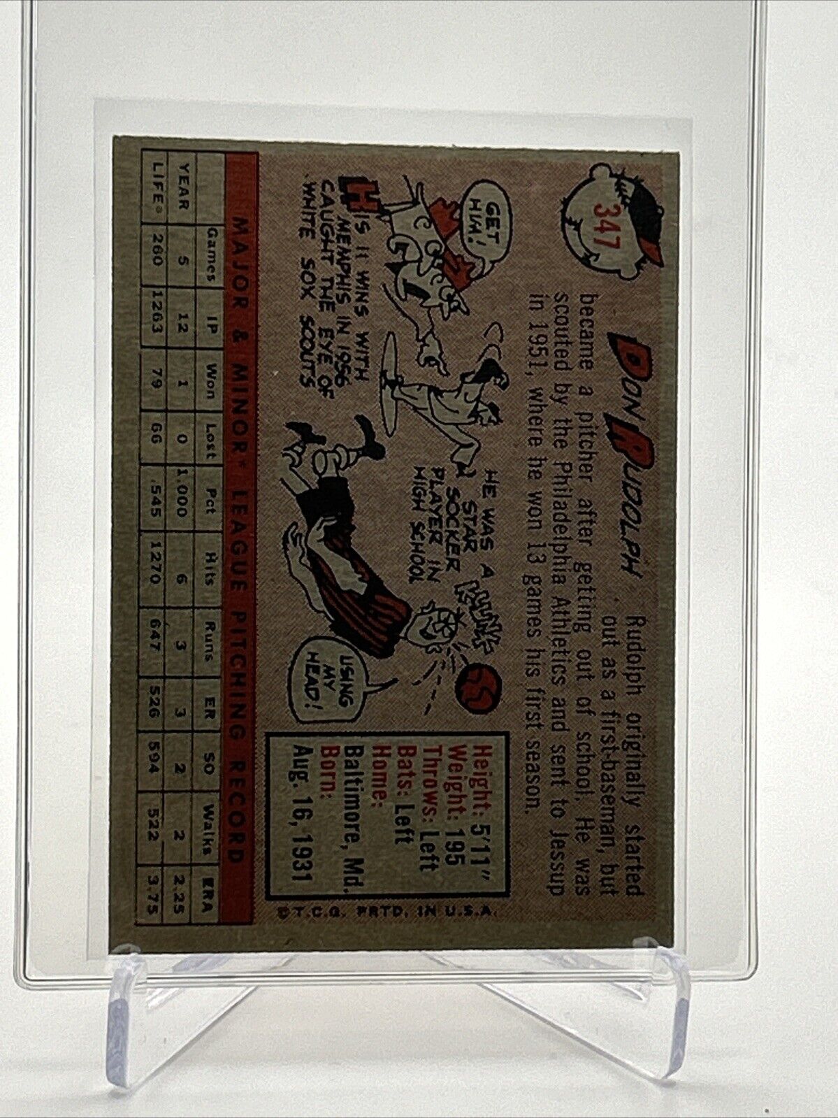1958 Topps Don Rudolph Rookie Baseball Card #347 EX-MT Quality FREE SHIPPING