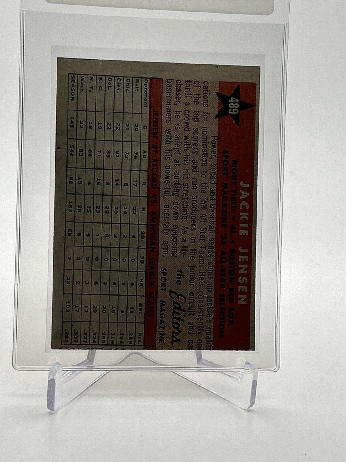 1958 Topps Jackie Jensen Baseball Card #489 EX-MT Quality FREE SHIPPING