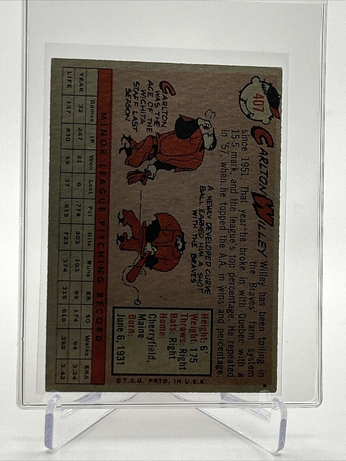 1958 Topps Carlton Willey Rookie Baseball Card #407 EX-MT Quality FREE SHIPPING