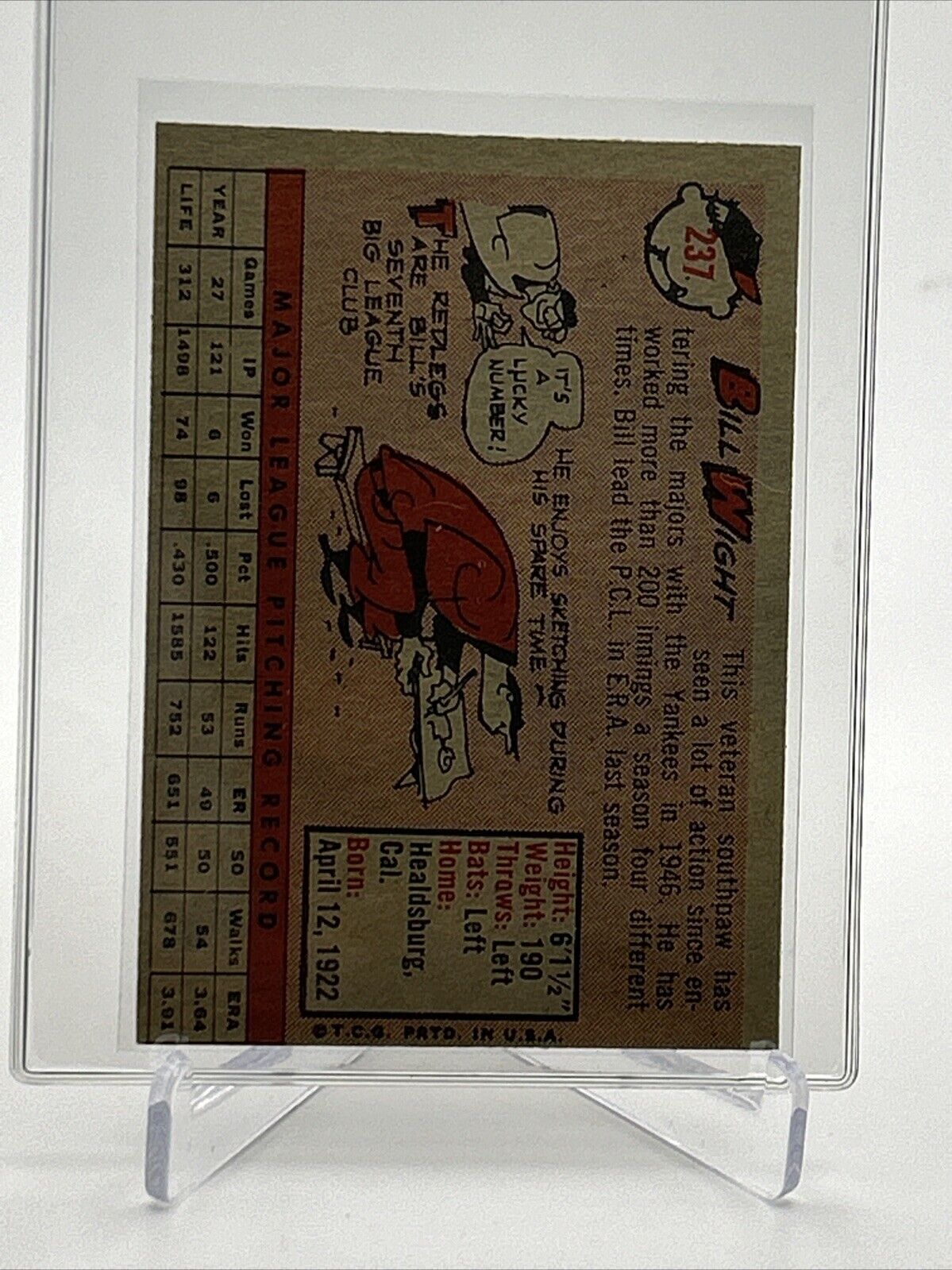 1958 Topps Bill Wight Baseball Card #237 EX-MT Quality FREE SHIPPING