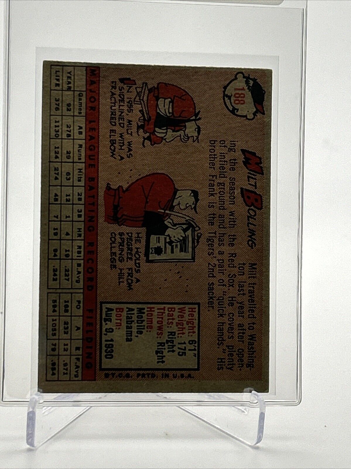 1958 Topps Milt Bolling Baseball Card #188 VG Quality FREE SHIPPING