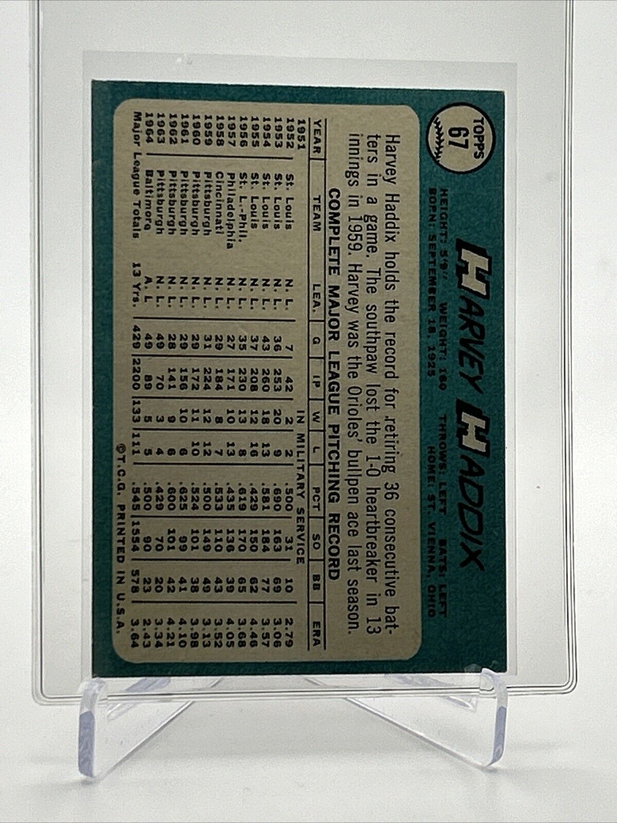 1965 Topps Harvey Haddix Baseball Card #67 EX-MT Quality FREE SHIPPING