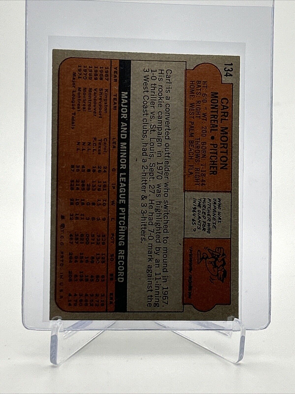 1972 Topps Carl Morton Baseball Card #134 EX Quality FREE SHIPPING