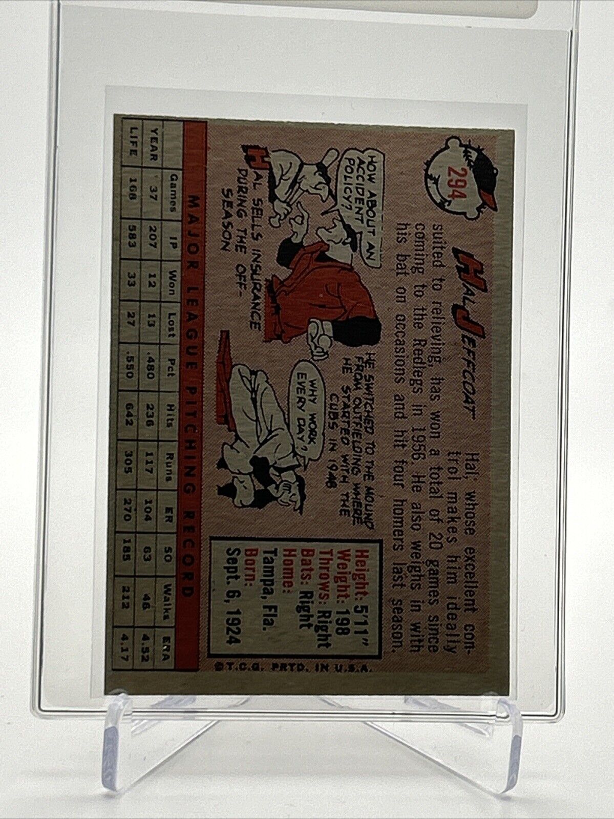 1958 Topps Hal Jeffcoat Baseball Card #294 VG Quality FREE SHIPPING