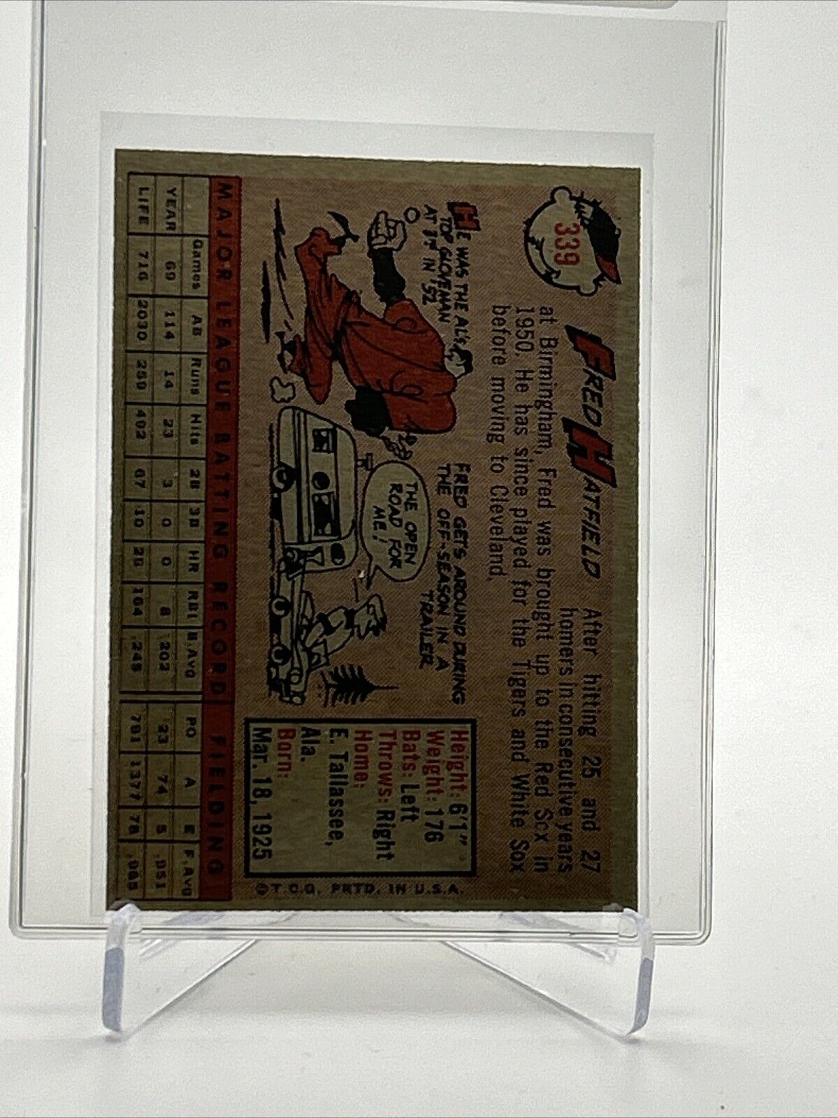 1958 Topps Fred Hatfield Baseball Card #339 VG Quality FREE SHIPPING