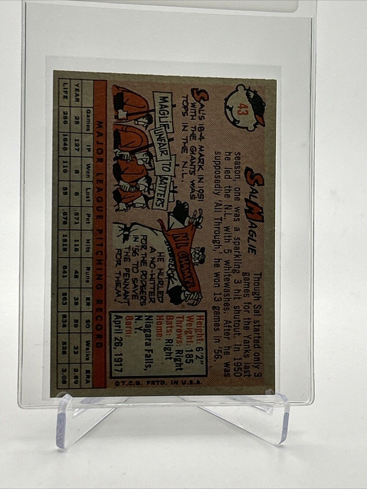 1958 Topps Sal Maglie Baseball Card #43 EX-MT Quality FREE SHIPPING