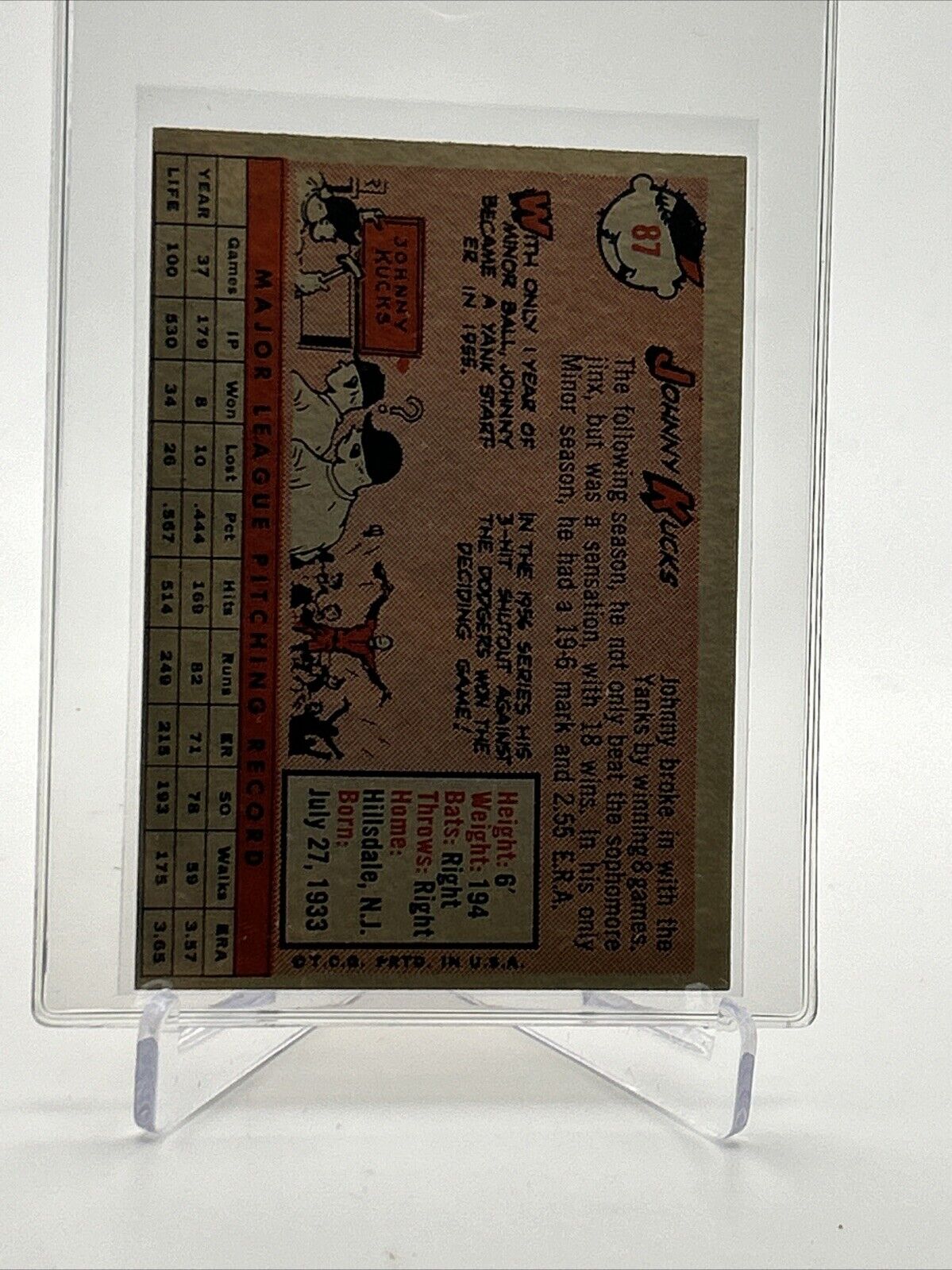 1958 Topps Johnny Kucks Baseball Card #87 EX Quality FREE SHIPPING