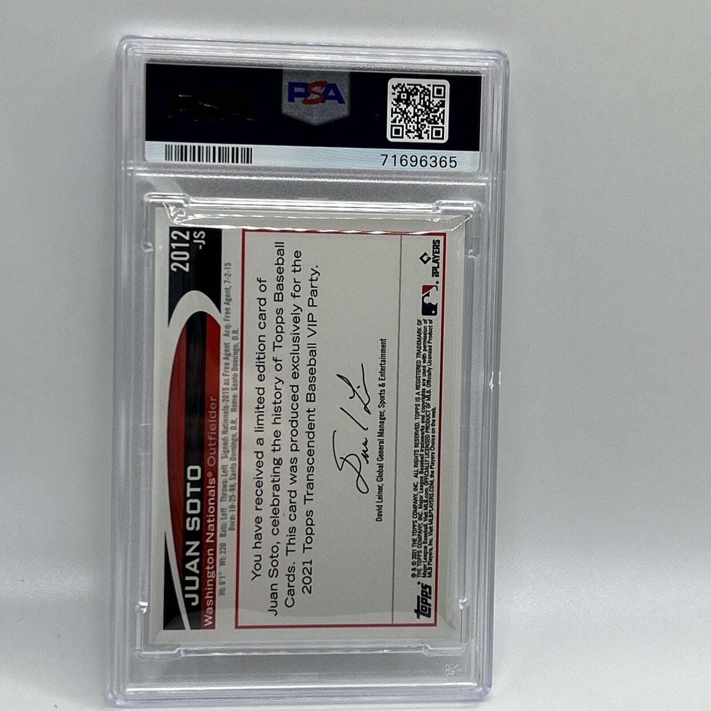 2022 Topps Transcendent VIP Party Juan Soto Baseball Card #2012 PSA 10 35/95