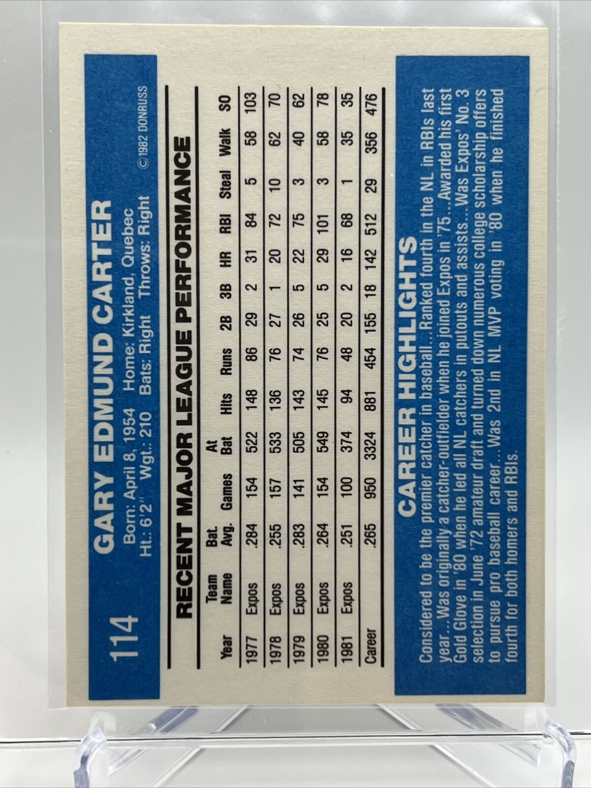 1982 Donruss Gary Carter Baseball Card #114 NM-MT FREE SHIPPING