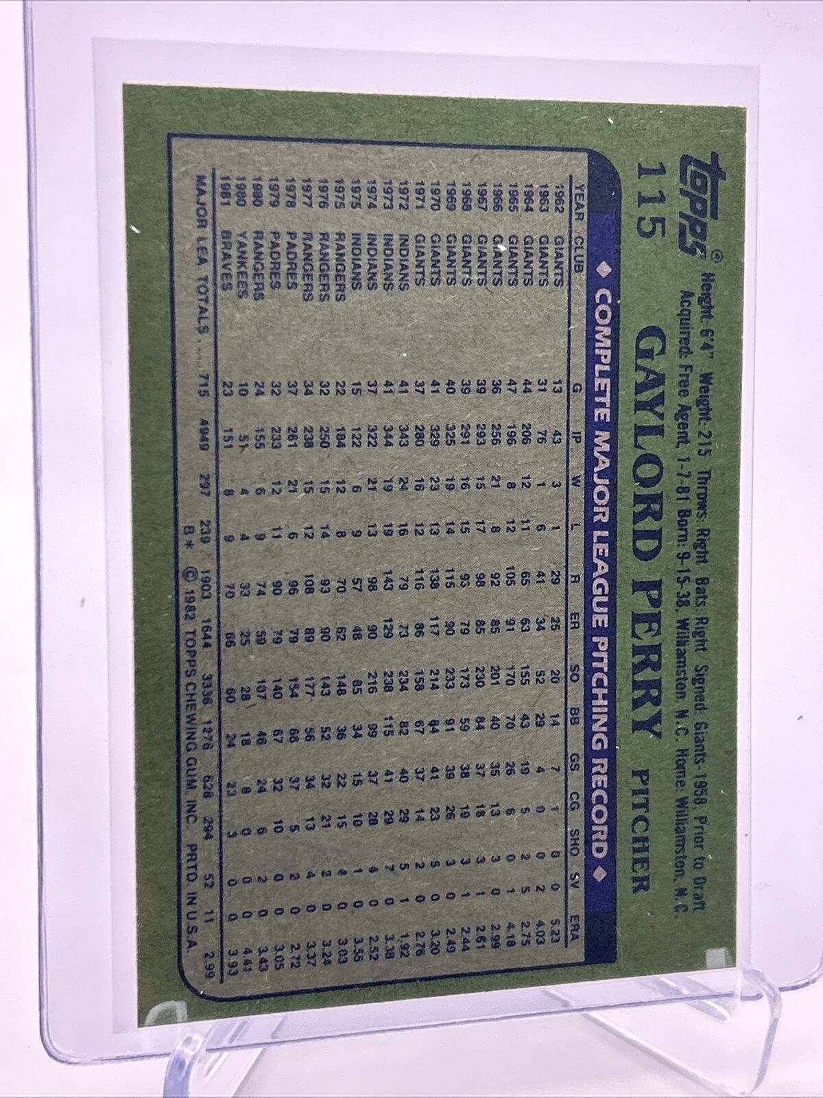 1982 Topps Gaylord Perry Baseball Card #115 NM-Mint FREE SHIPPING