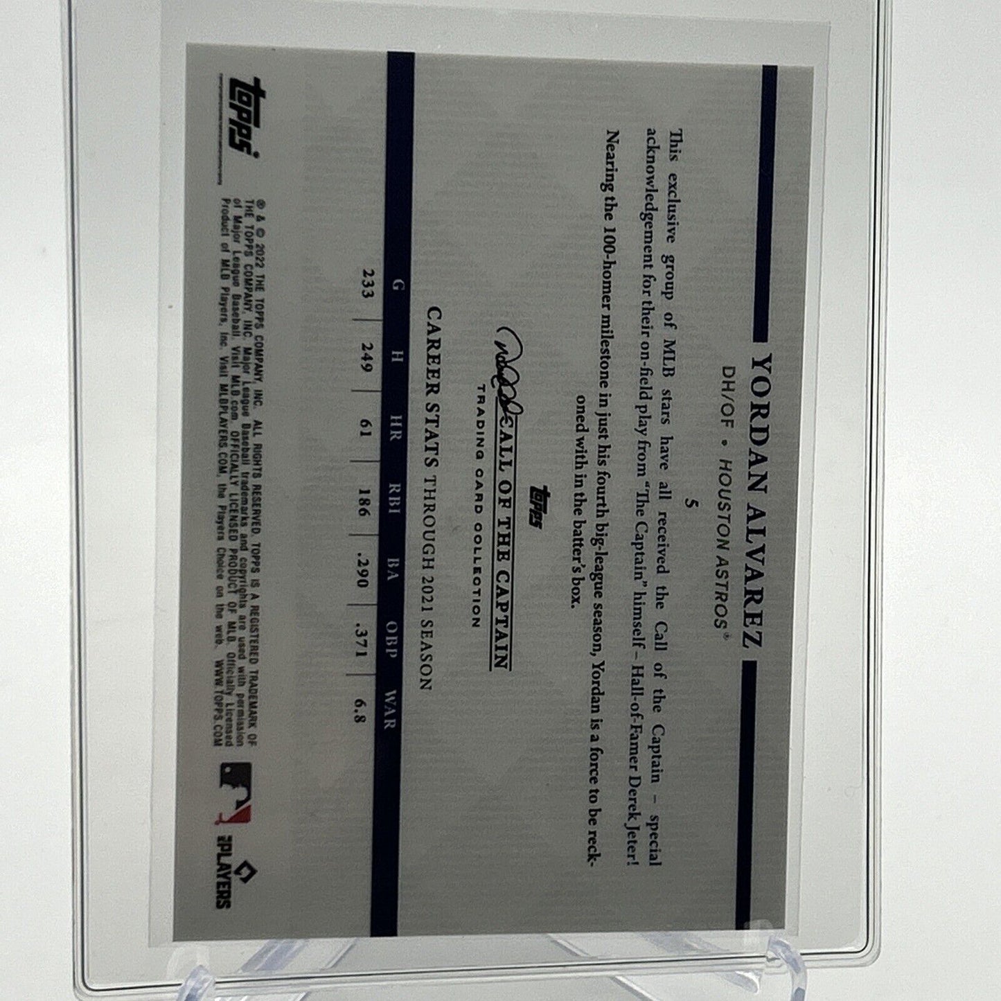 2022 Topps x Derek Jeter Yordan Alvarez Baseball Card #5 Mint FREE SHIPPING