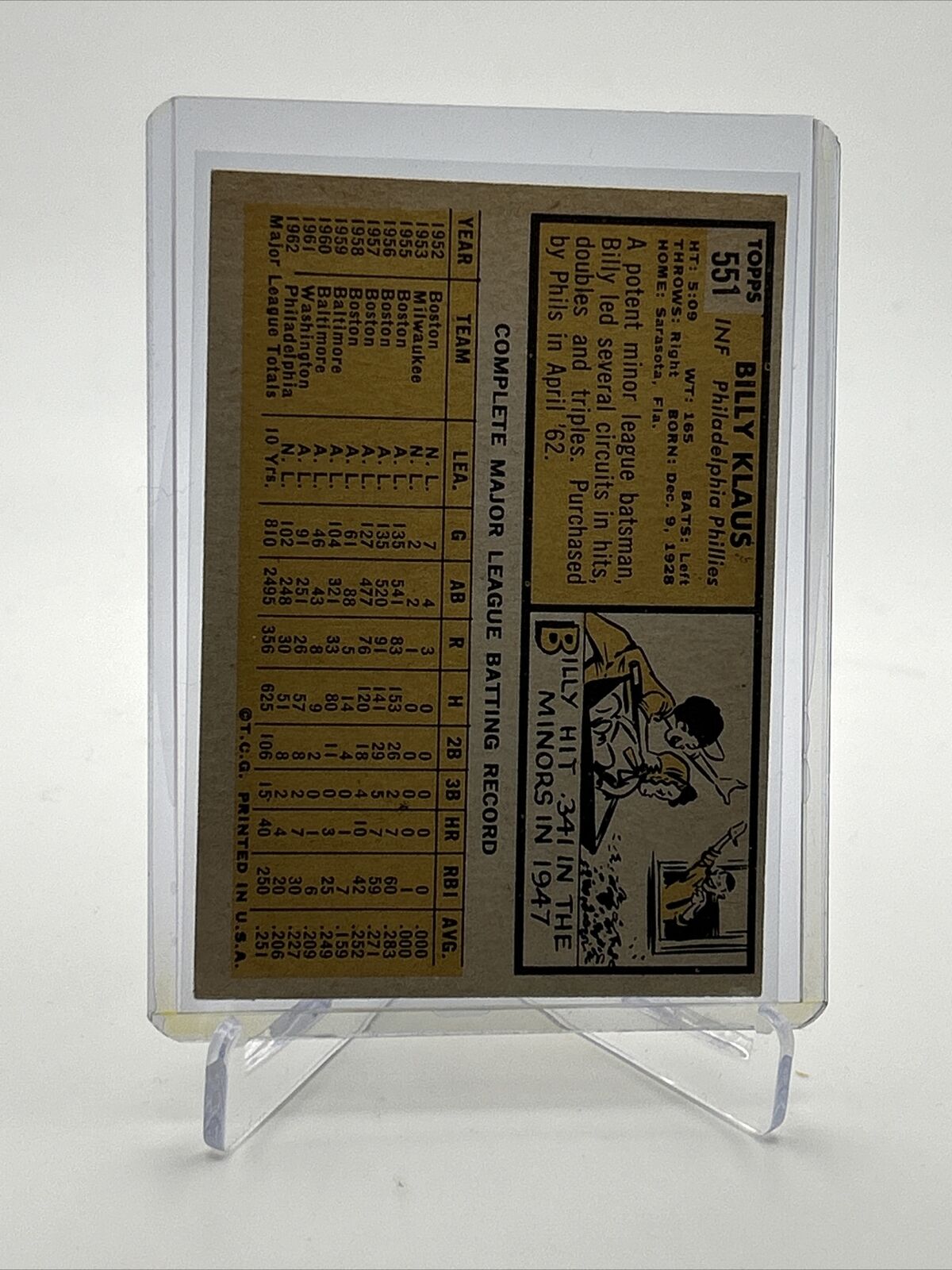 1963 Topps Billy Klaus Baseball Card #551 EX Quality FREE SHIPPING