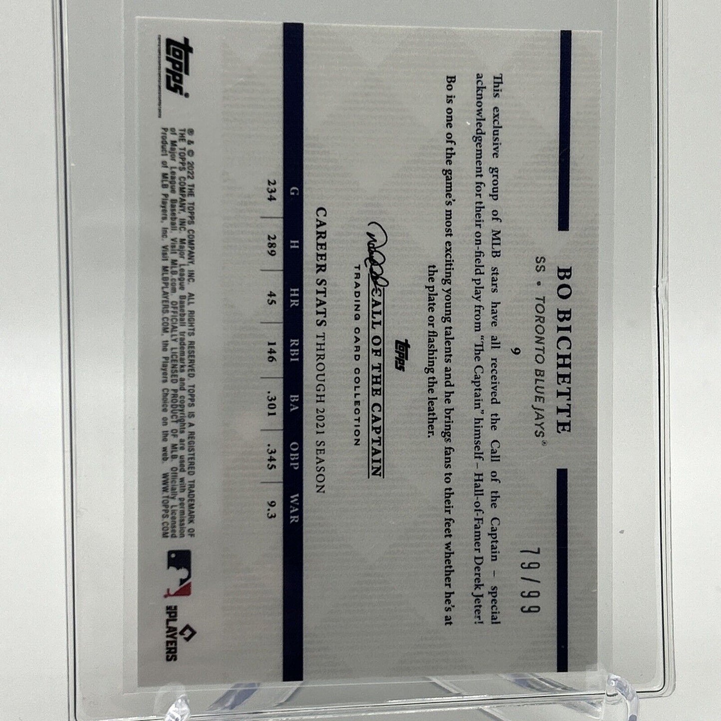 2022 Topps x Derek Jeter Bo Bichette 79/99 Baseball Card #9 FREE SHIPPING