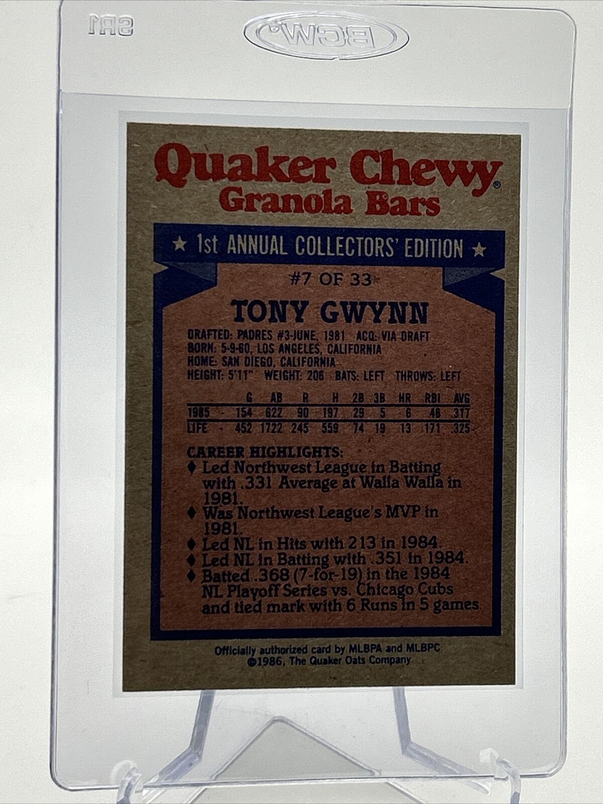 1986 Topps Quaker Tony Gwynn Baseball Card #7 NM-Mint FREE SHIPPING