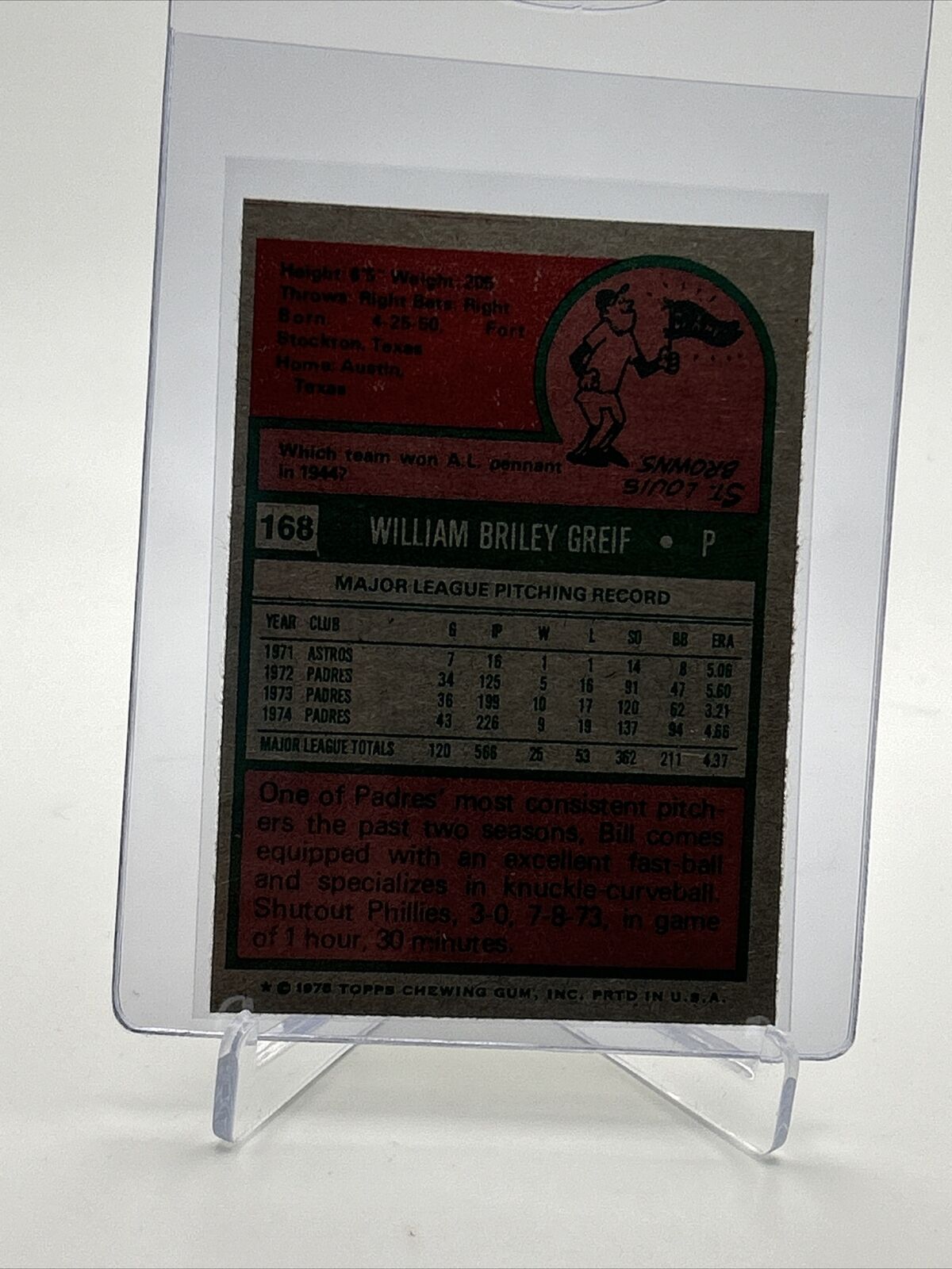 1975 Topps Bill Greif Baseball Card #168 NM Quality FREE SHIPPING