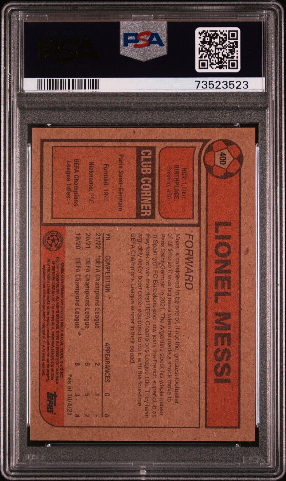 2021 Topps Living UCL UEFA Champions League Lionel Messi #400 PSA 10