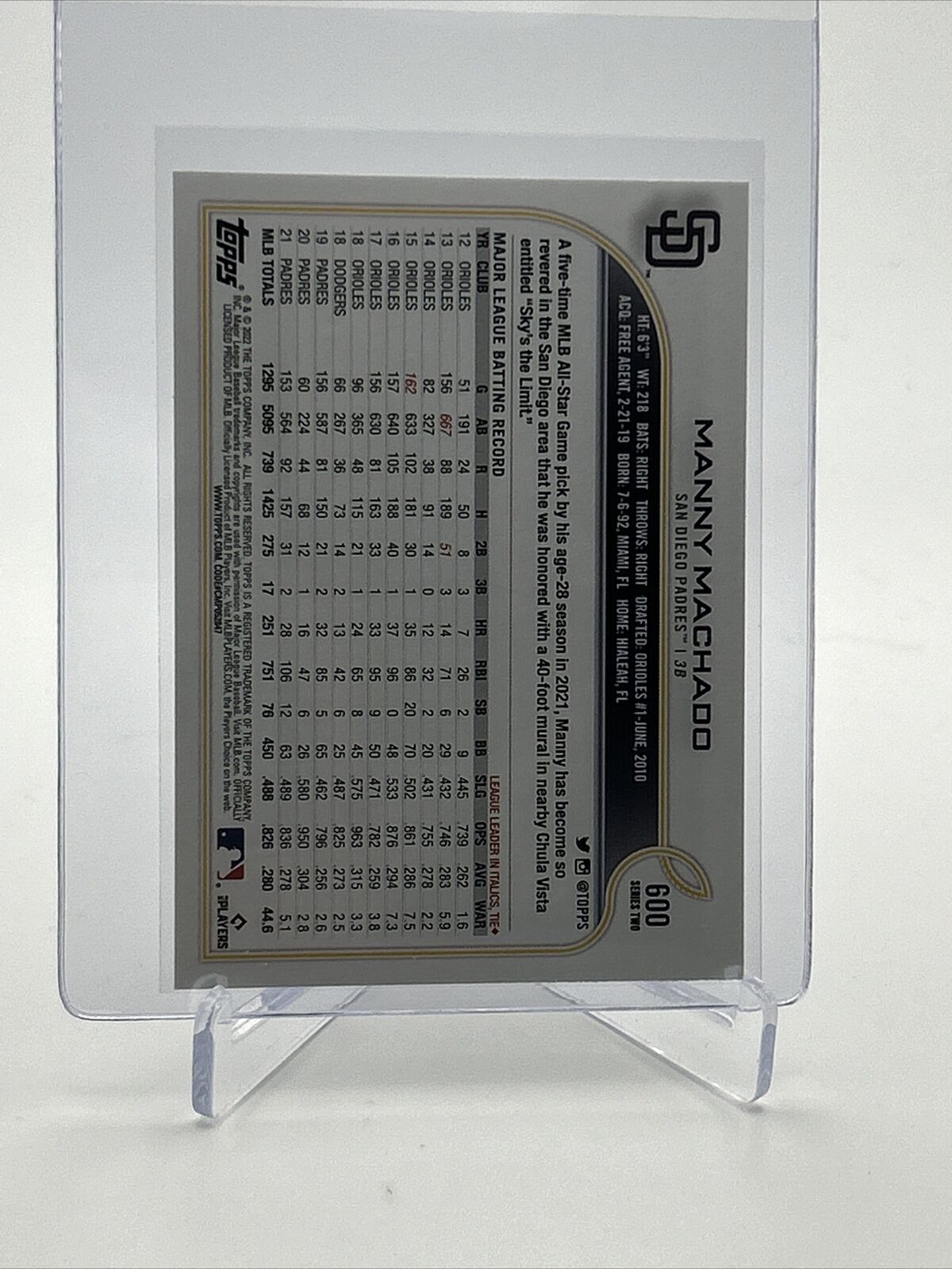 2022 Topps Manny Machado Baseball Card #600 Mint FREE SHIPPING
