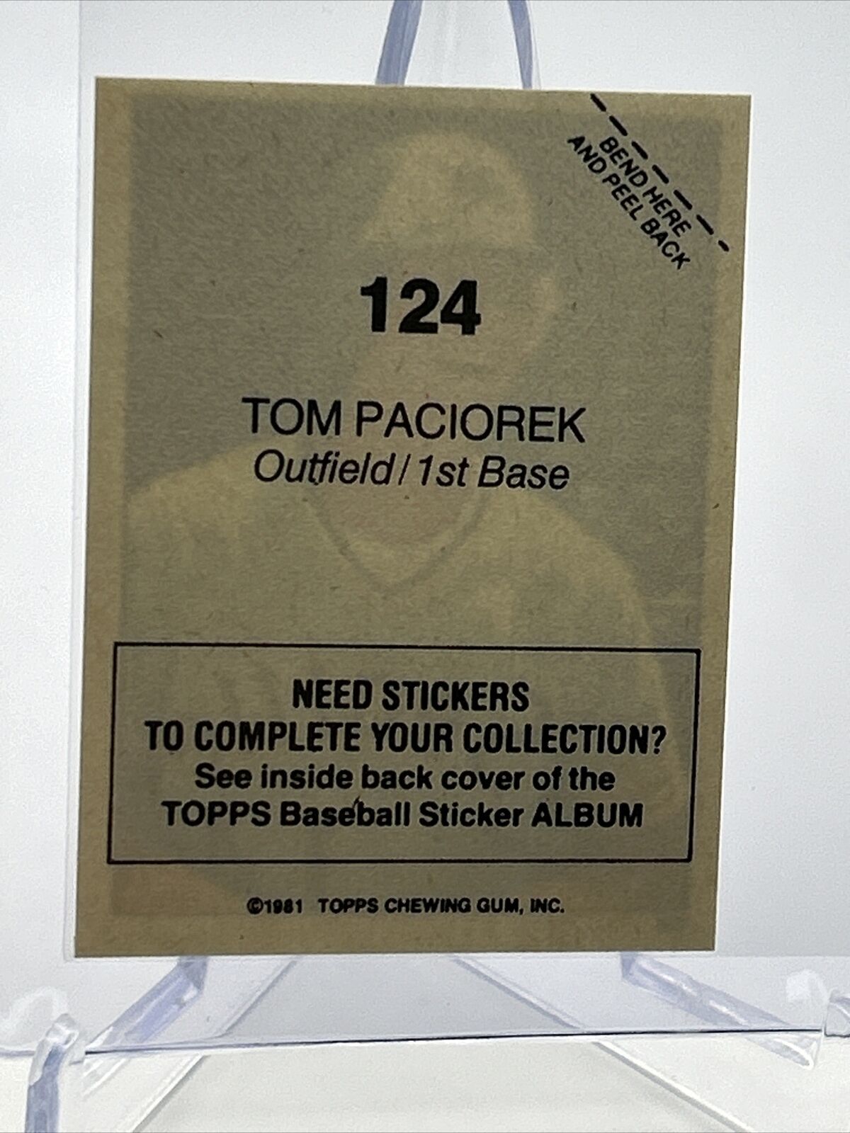 1981 Topps Stickers Tom Paciorek Baseball Card #124 NM-Mint FREE SHIPPING