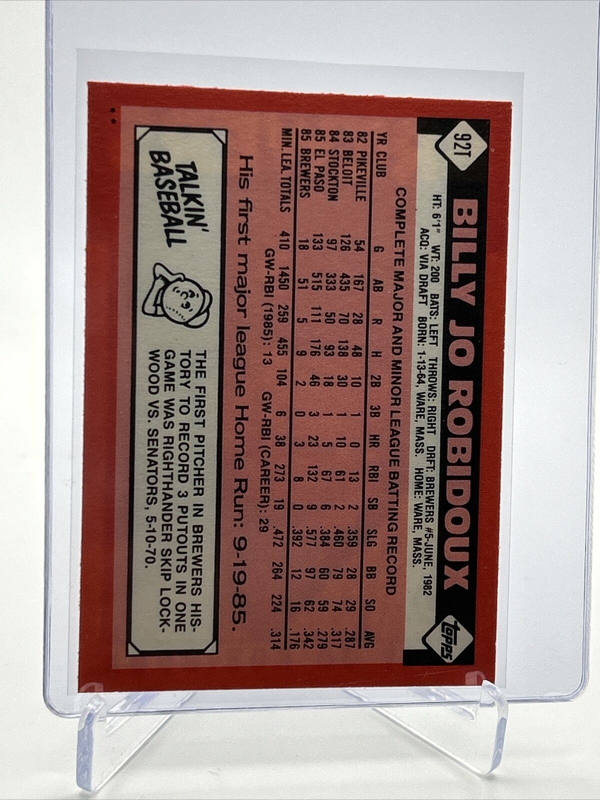 1986 Topps Traded Billy Jo Robidoux Baseball Card #92T NM-MT FREE SHIPPING